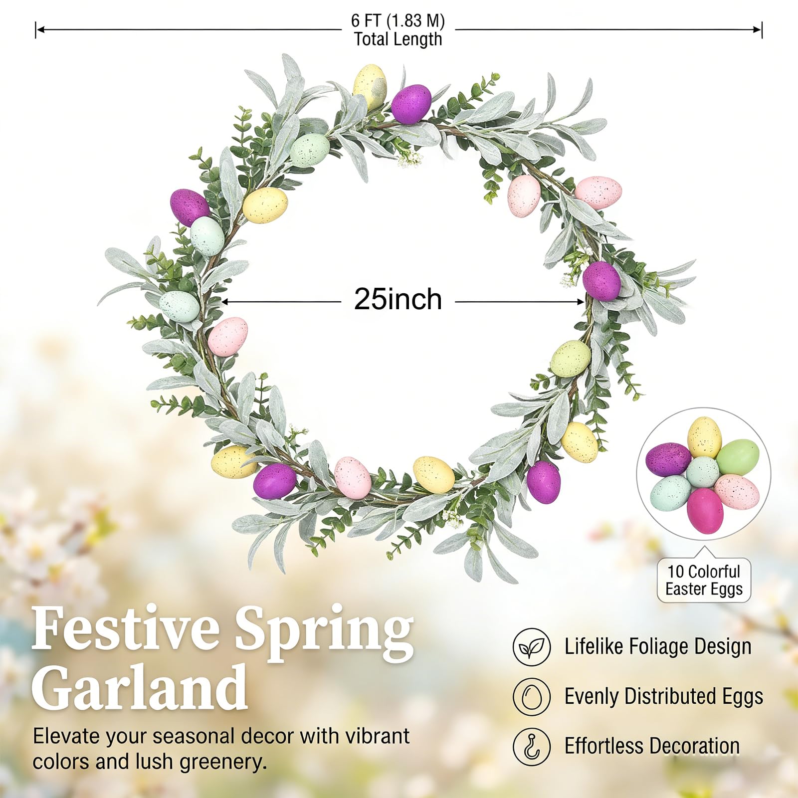 Close look at large colorful eggs on Easter garland