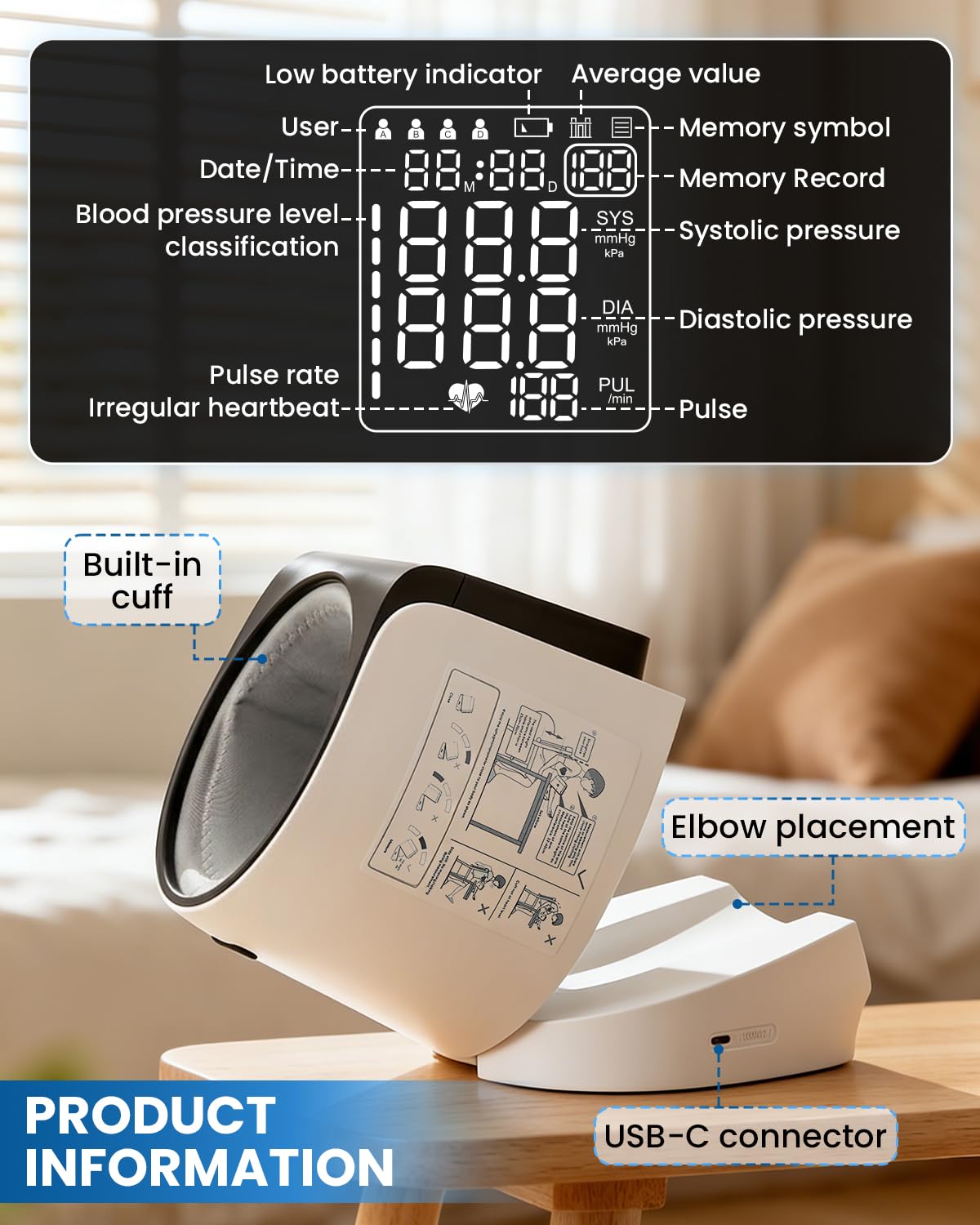 USB powered blood pressure monitor with data cable