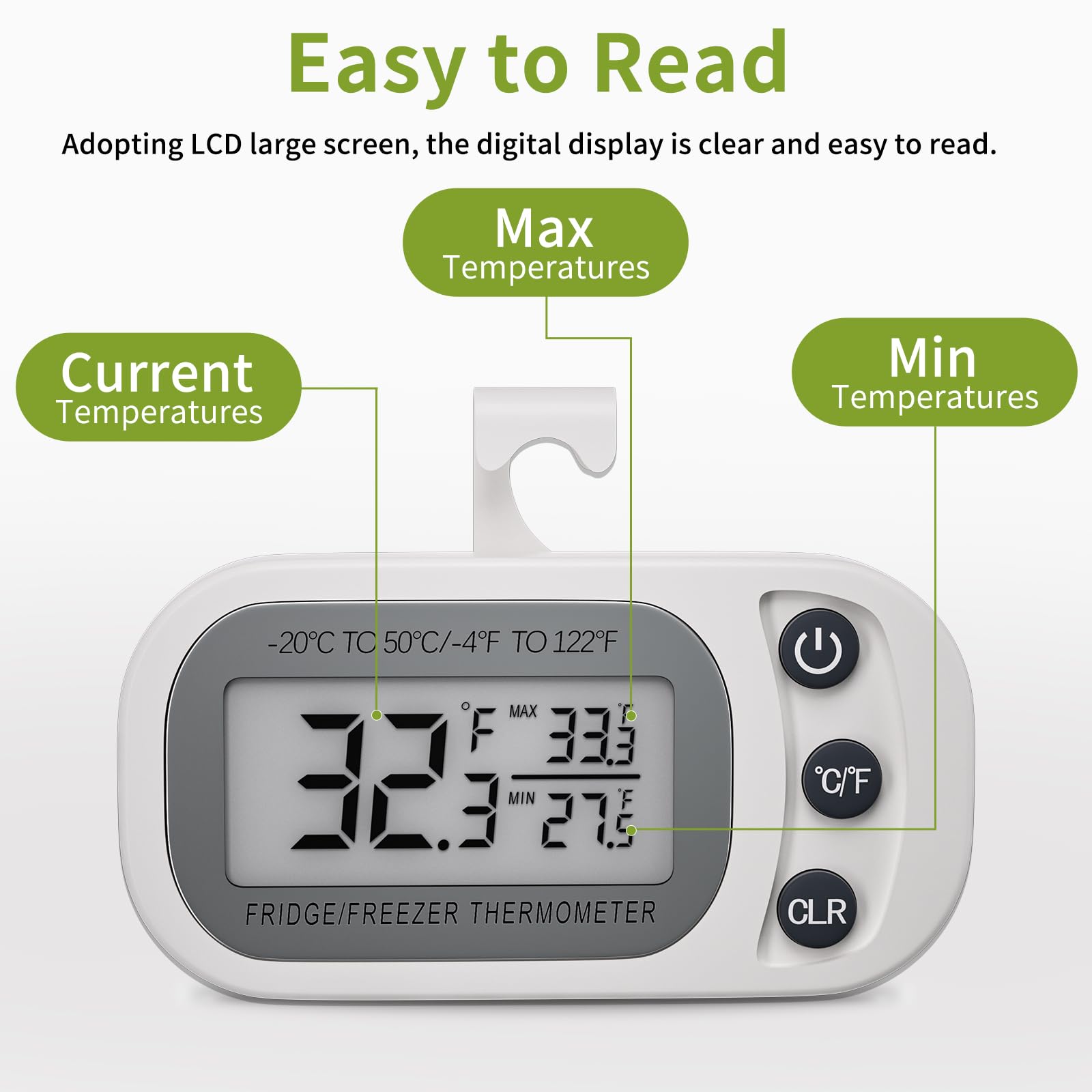 Thermometer displaying large LCD readout