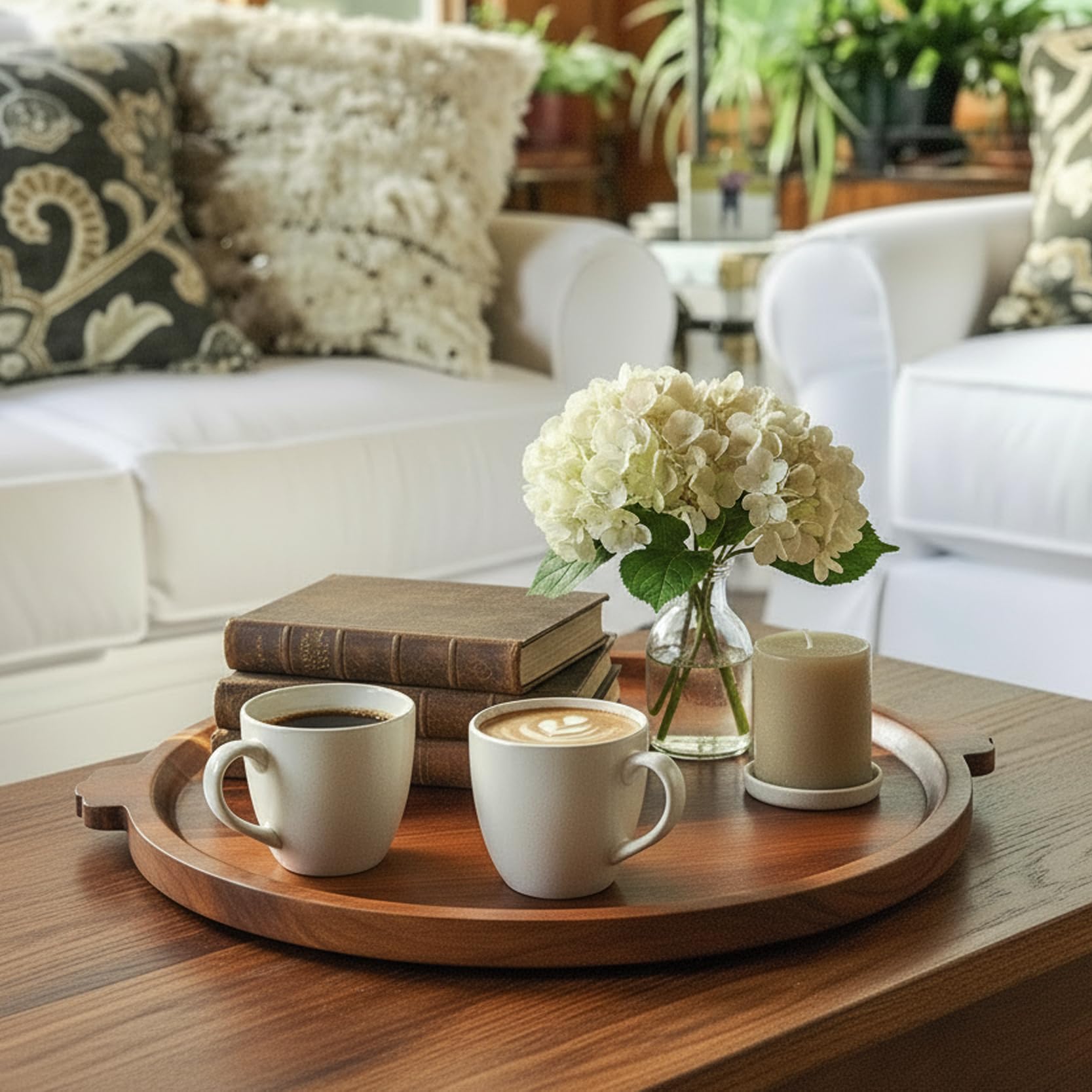 Round wood tray measures 15 by 13.5 by 1 inches