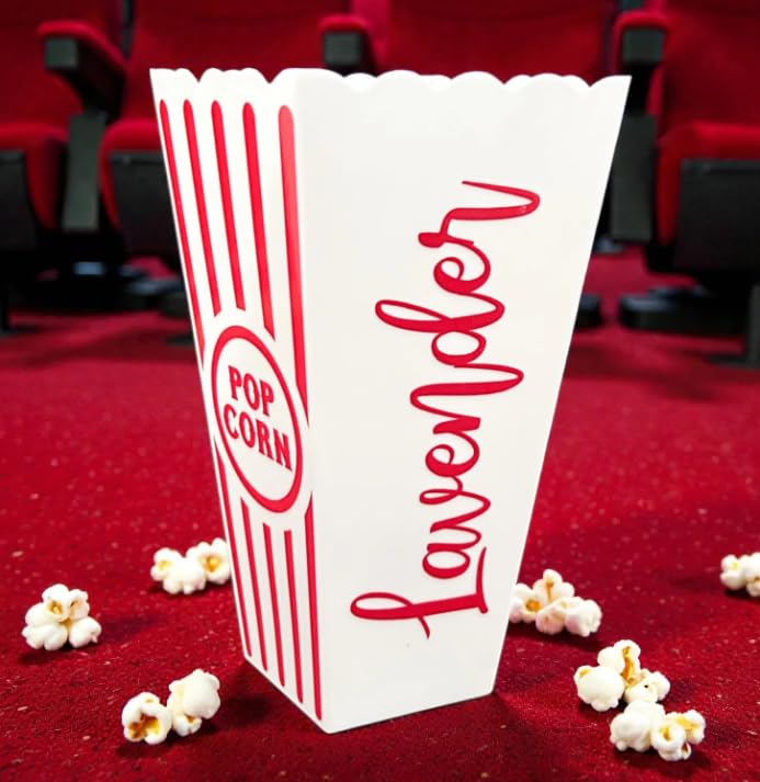 Reusable plastic popcorn bucket with vinyl text for movie night