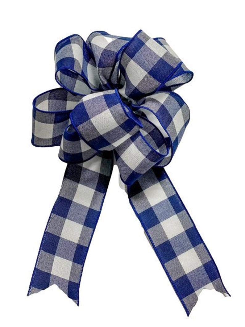 Large fluffy bow for wreaths and signs in white and navy buffalo plaid