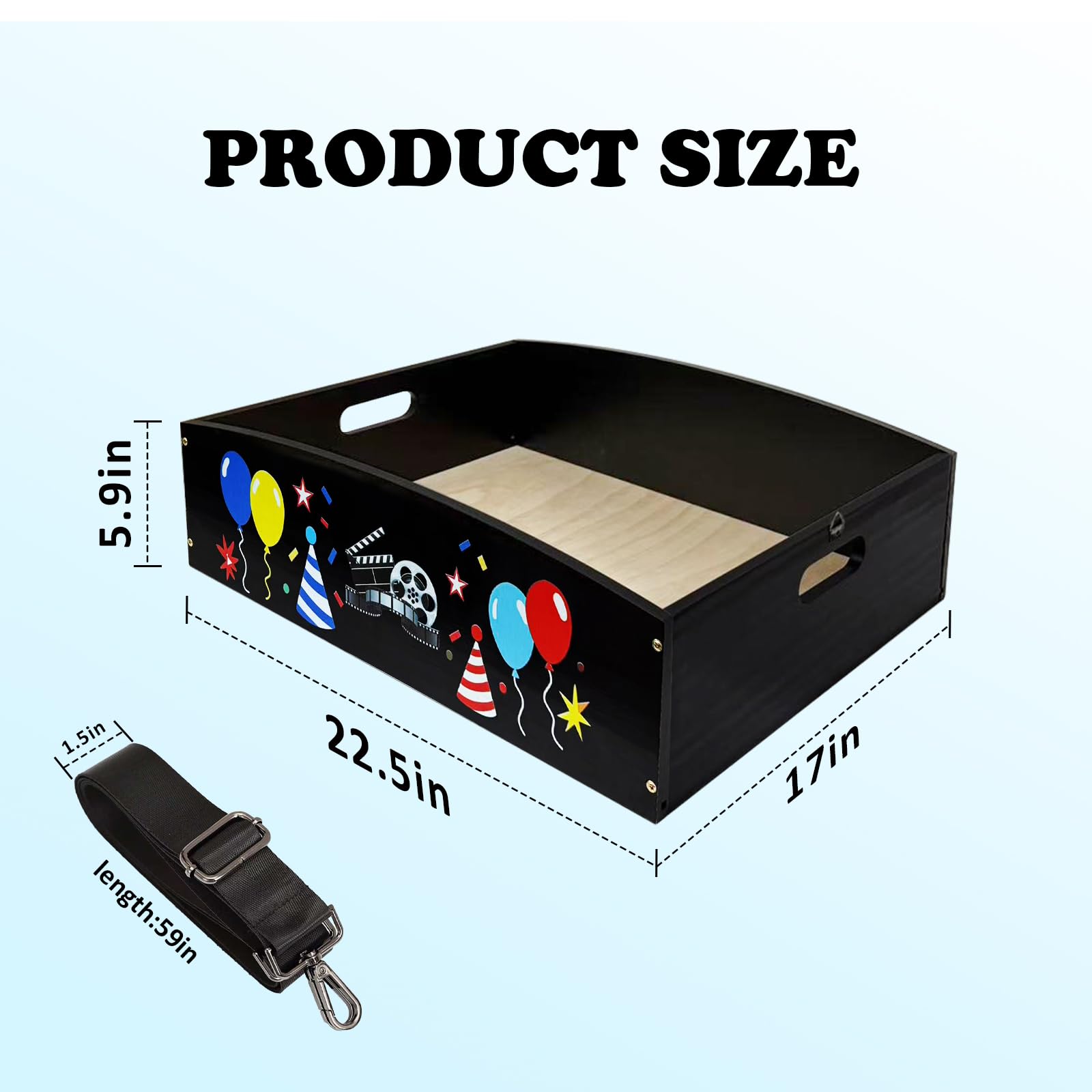 Large wooden snack tray components and adjustable strap