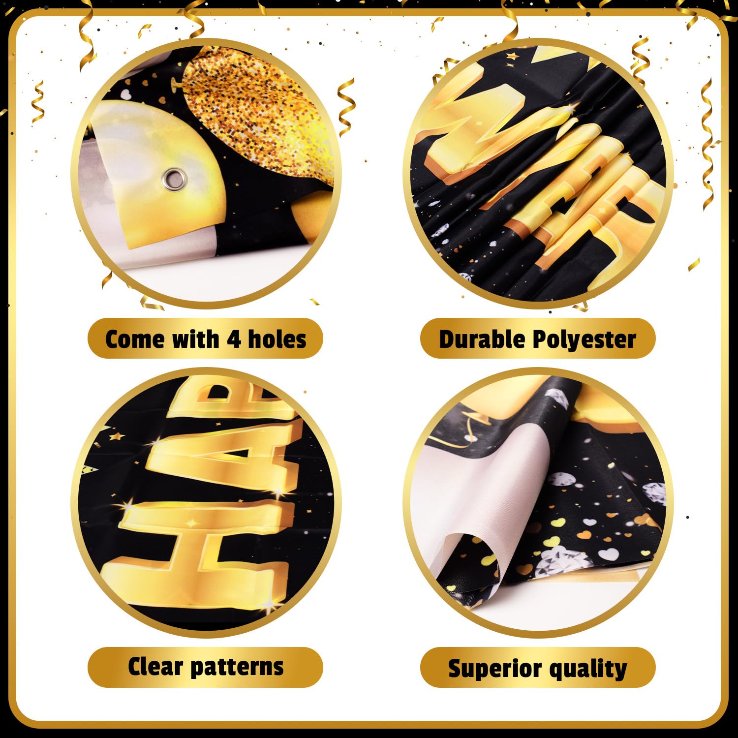 Large outdoor yard sign on black background with gold text