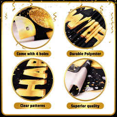 Large outdoor yard sign on black background with gold text