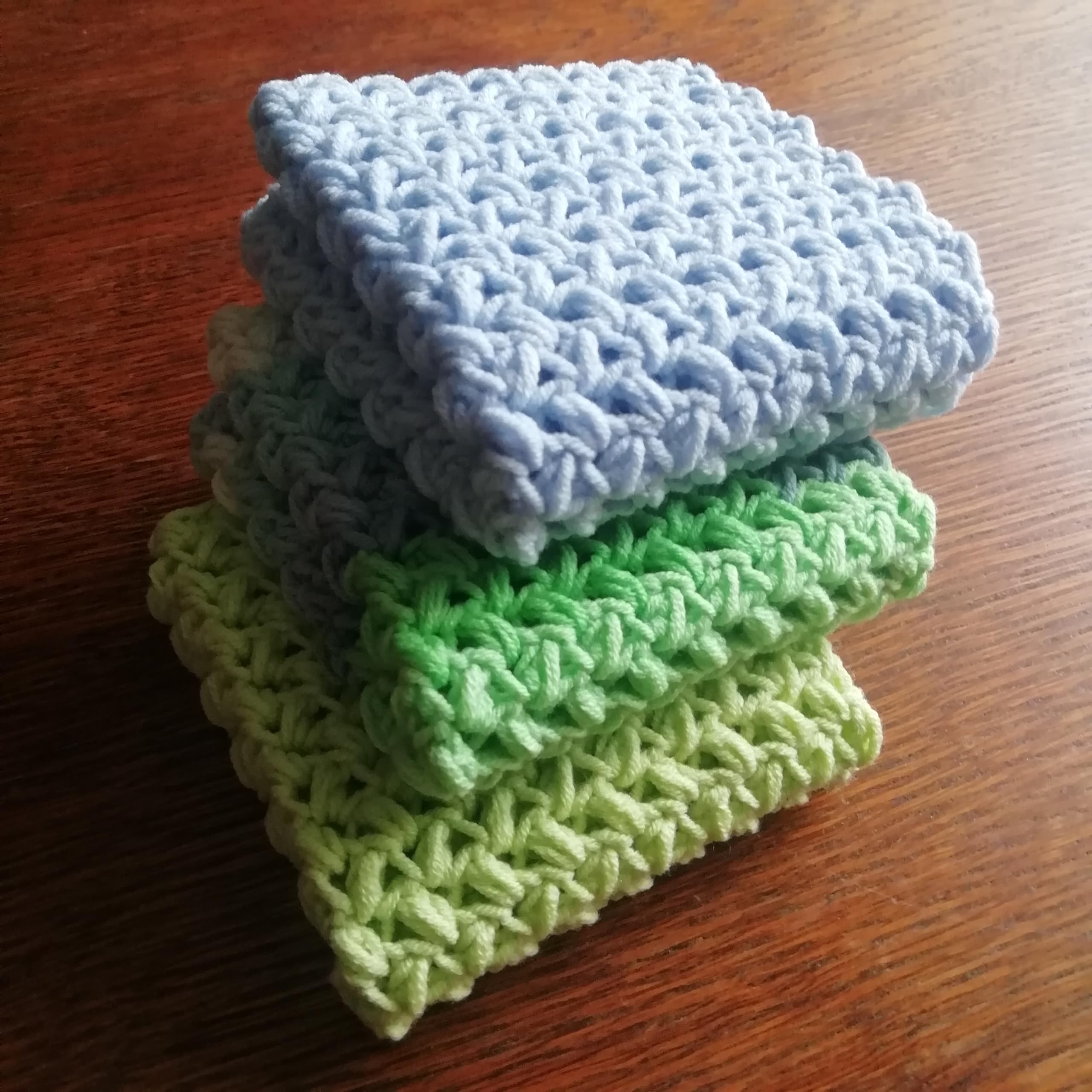 Three piece crochet dishcloth set for kitchen use