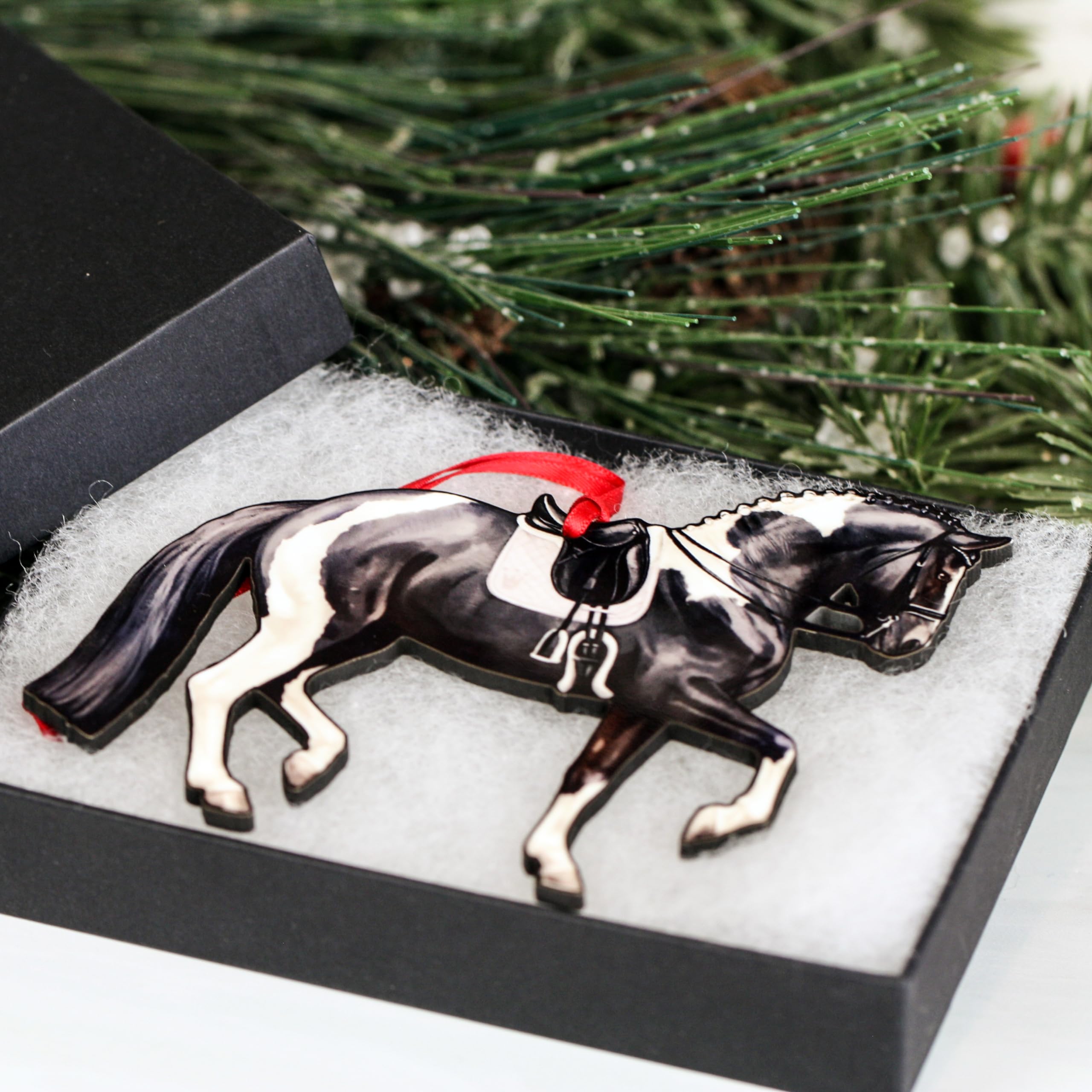 Dressage horse ornament in black Classy Equine box packaging