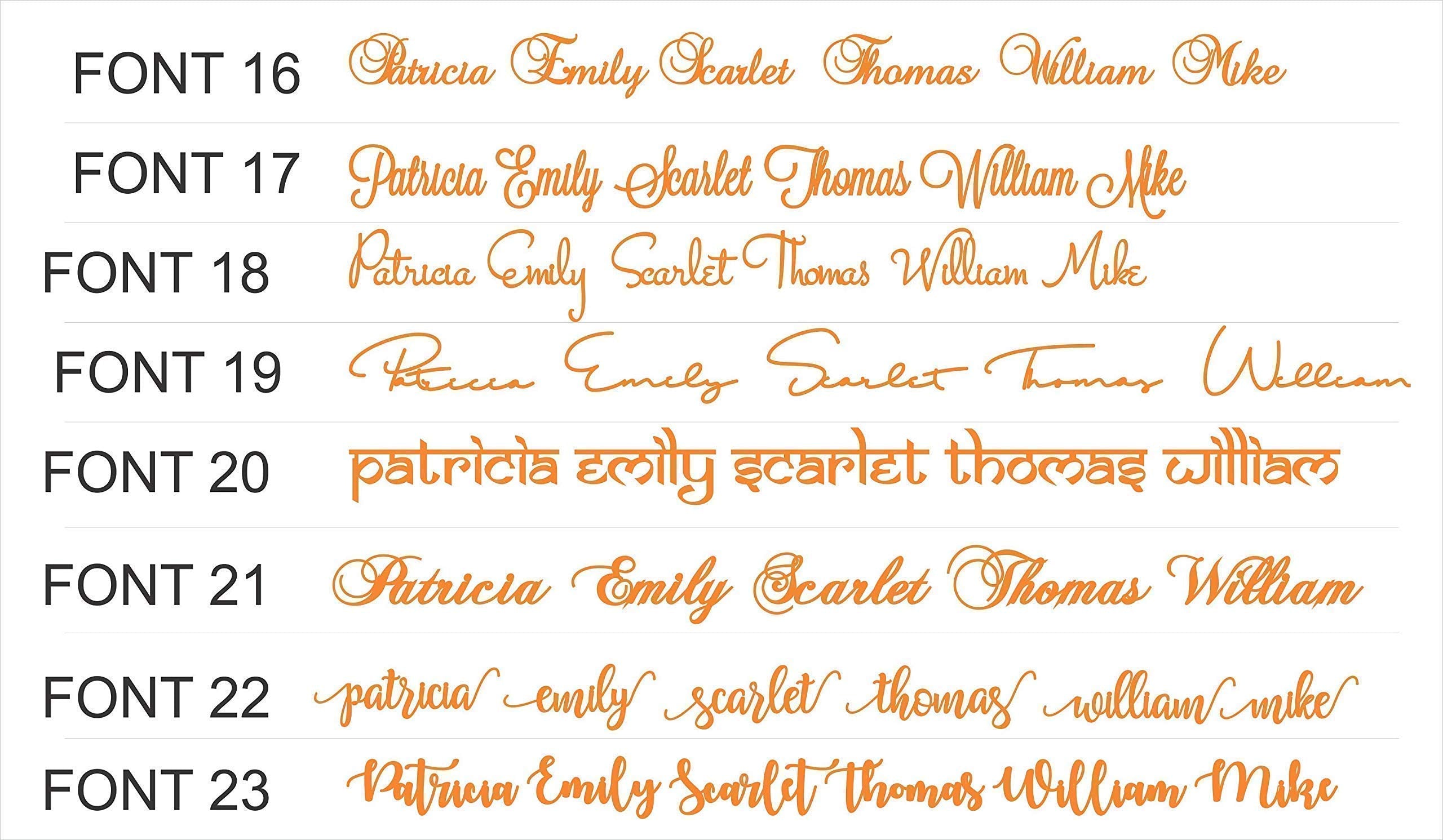 Wood laser cut names with 29 fonts