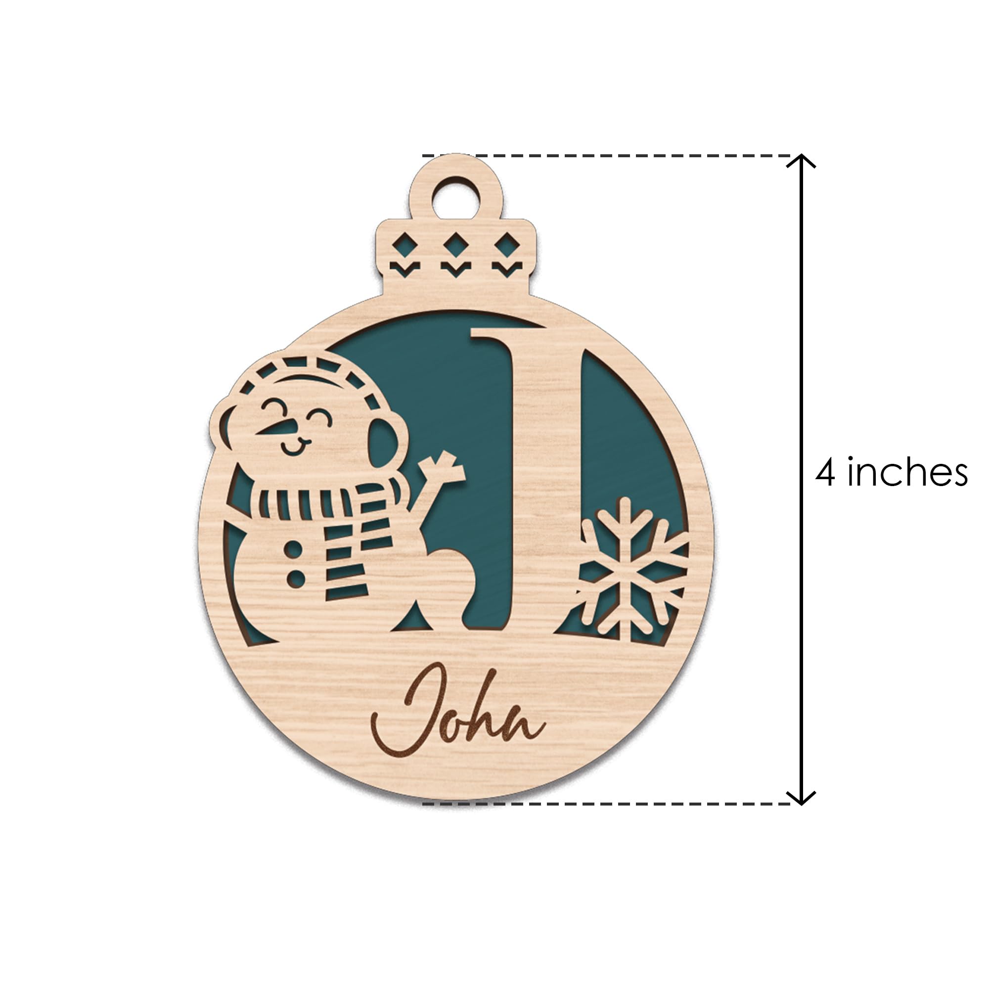 Laser-cut details on snowman wooden ornament