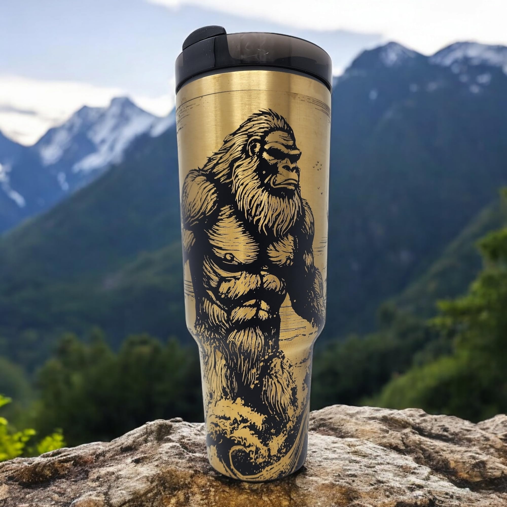 Stainless steel travel mug 40 oz with golden hue and Bigfoot engraving