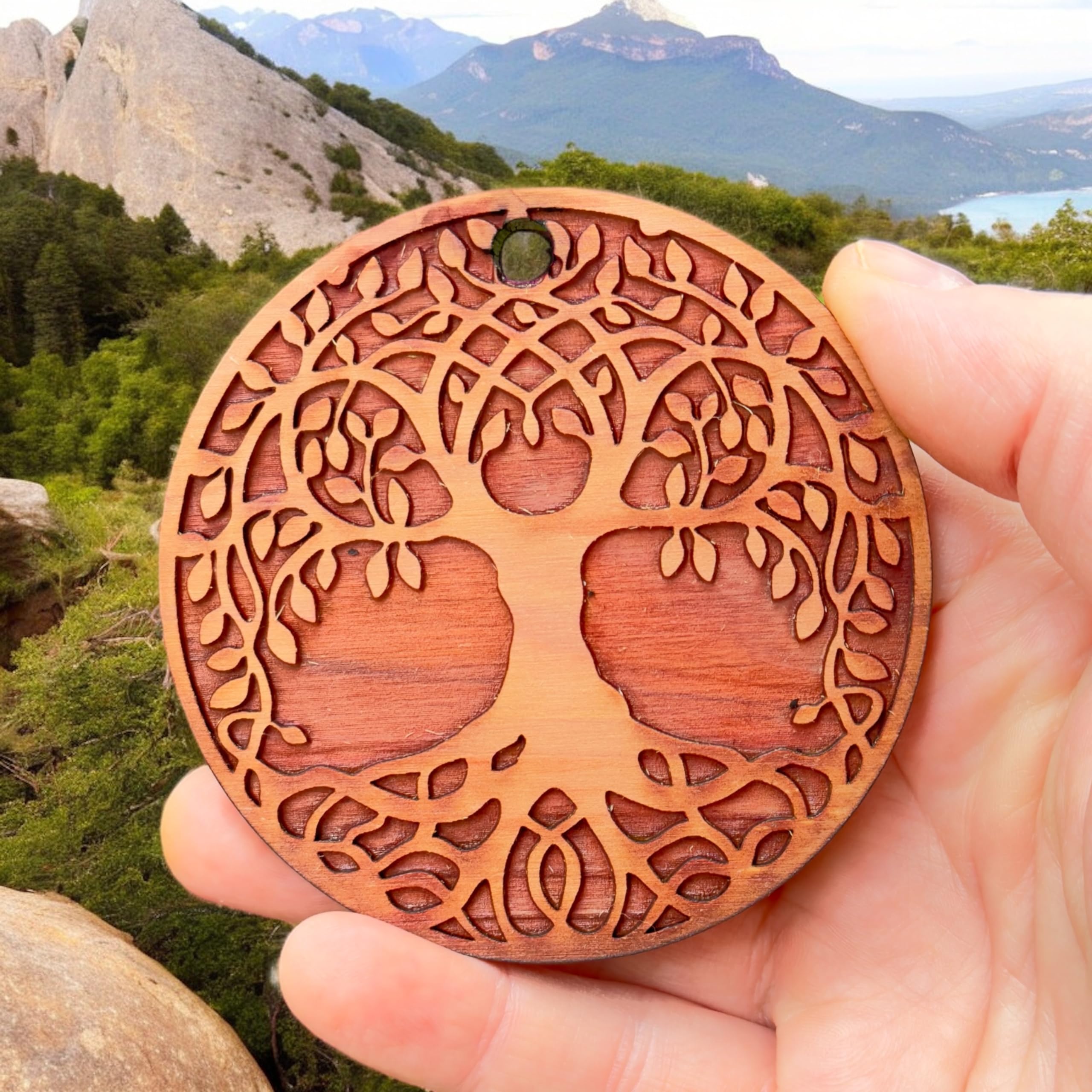 Celtic Tree of Life cedar ornament engraving close up