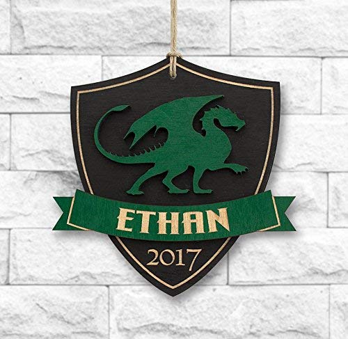 Birch wood Christmas ornament with dragon shield design