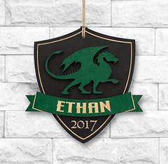 Birch wood Christmas ornament with dragon shield design