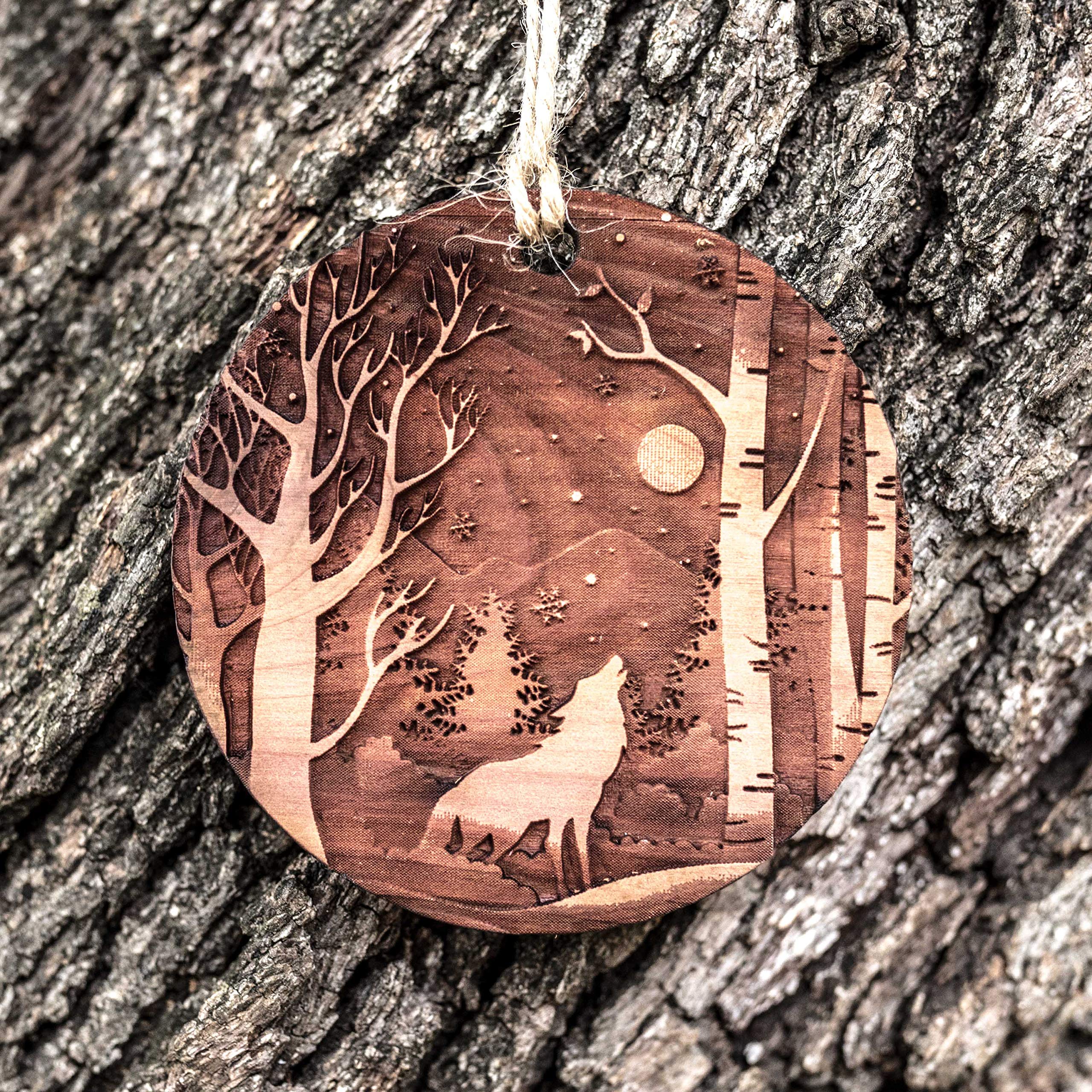 Raw cedar ornament laser engraving Winter Wolf detail