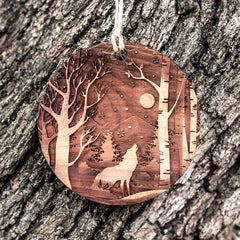 Raw cedar ornament laser engraving Winter Wolf detail