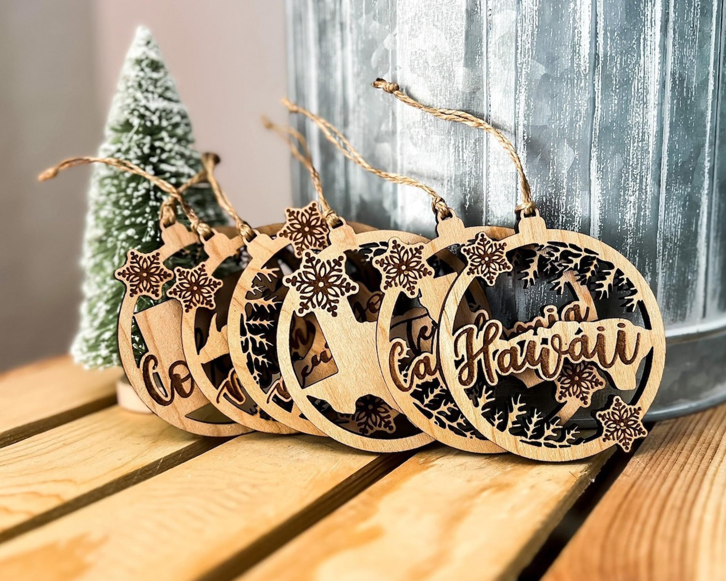 Laser engraved state shape ornament with twine for hanging
