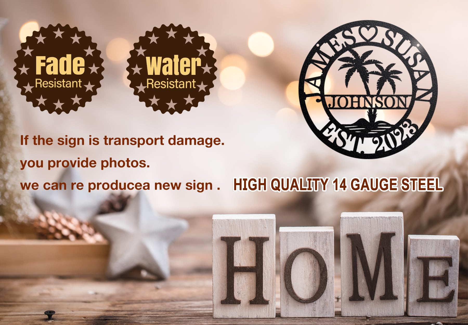 Last name sign for home with tropical coconut tree design