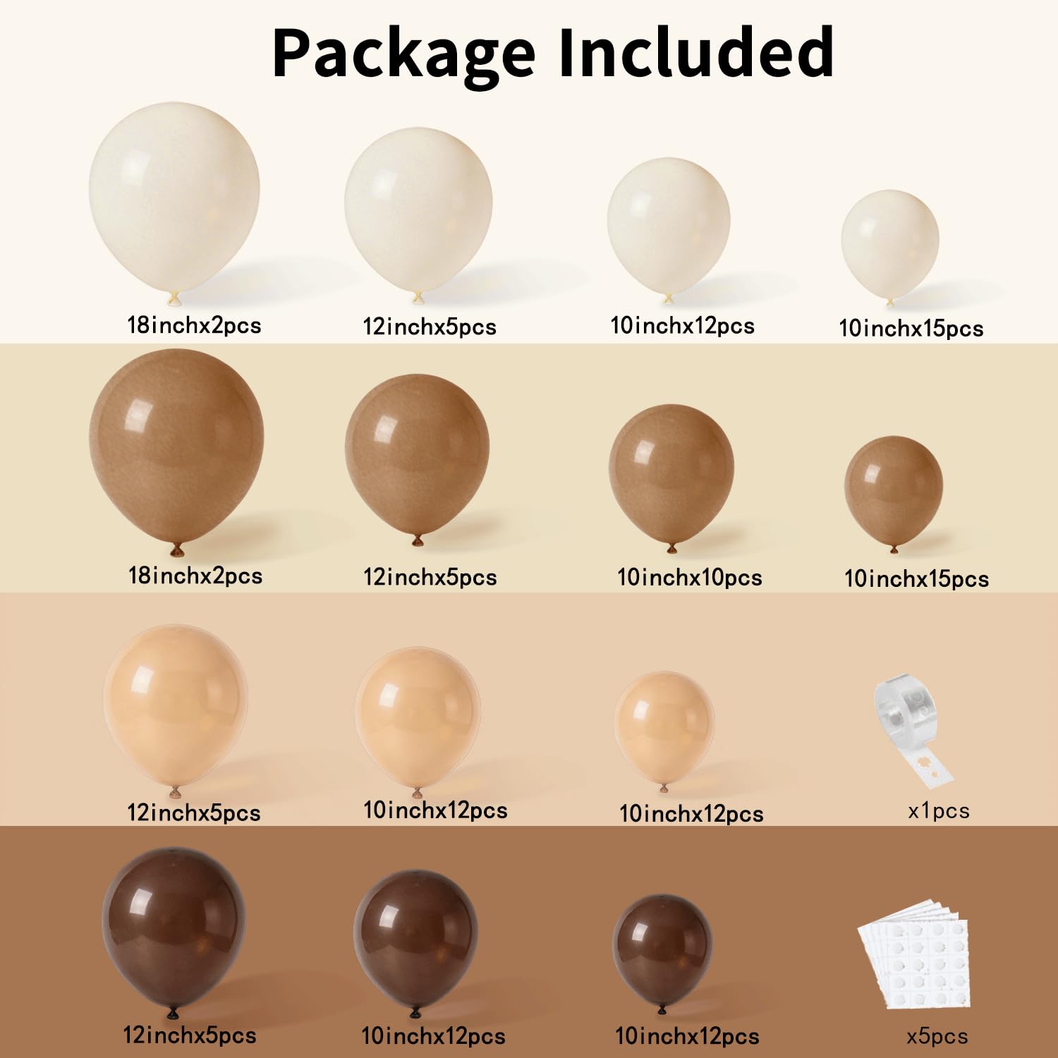 Sand White balloons assortment in sizes 18in 12in 10in 5in