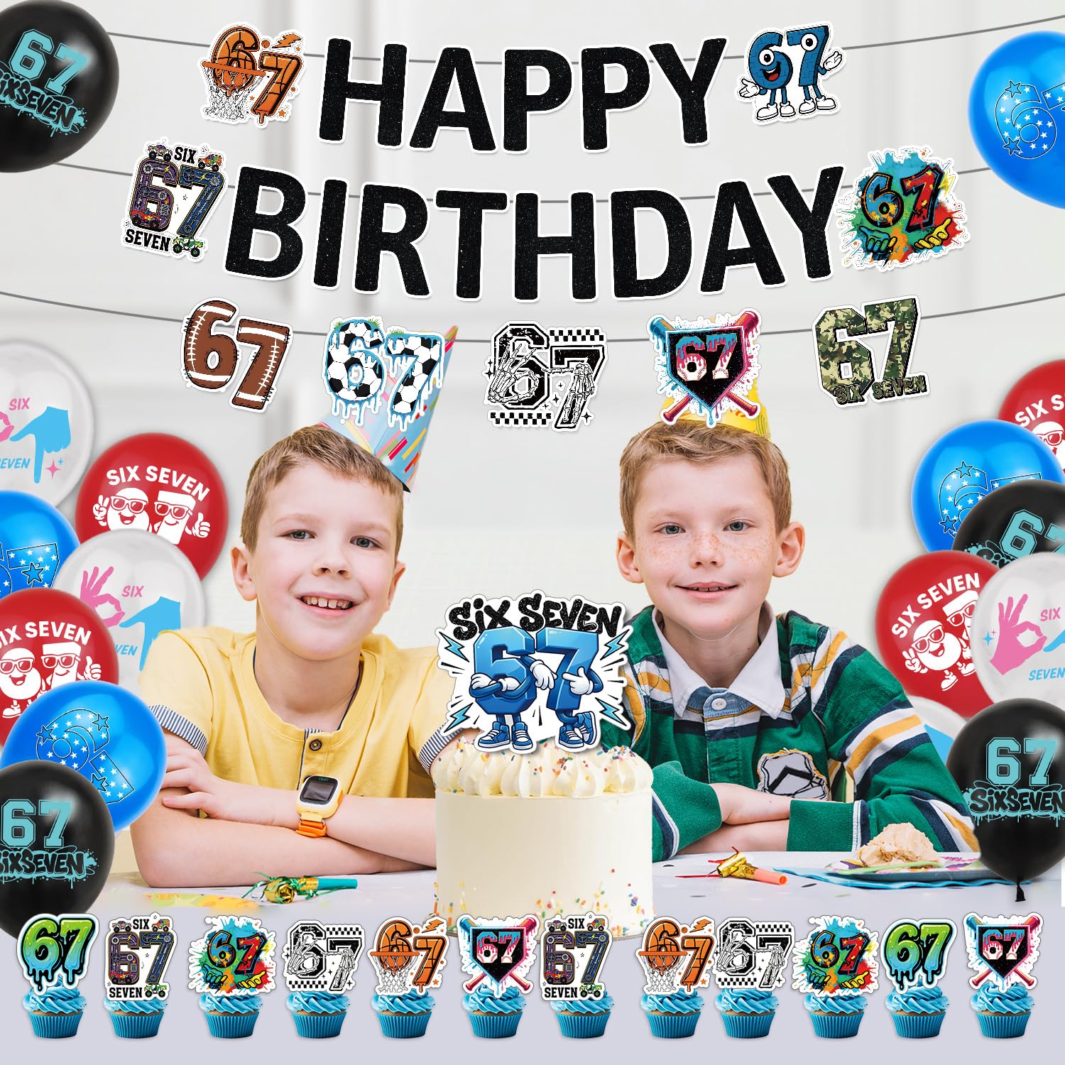 Banner and toppers close up in 6 7 Birthday Decorations