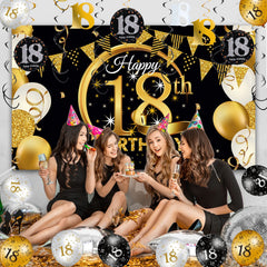 Black gold themed 18th birthday decorations pack
