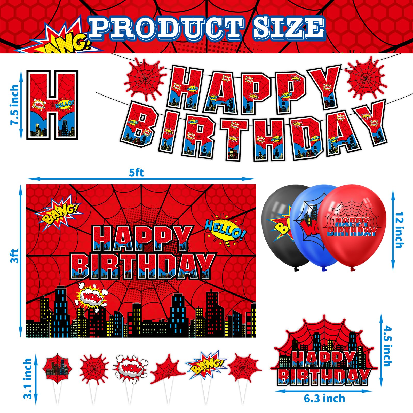 21 latex balloons in black red and blue with BANG WOW and web prints