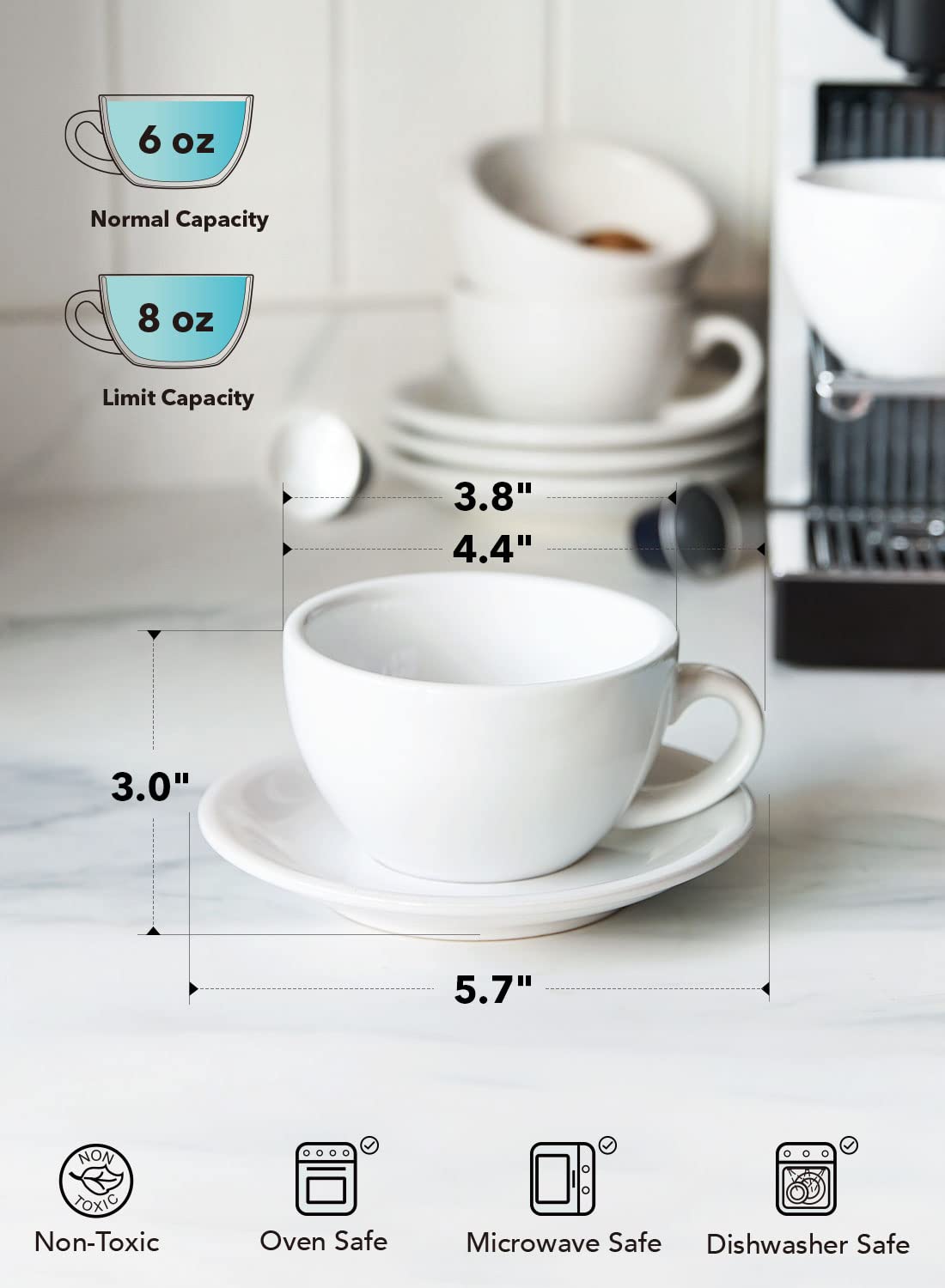 cappuccino cup with saucer 6 oz white ceramic LE TAUCI set4