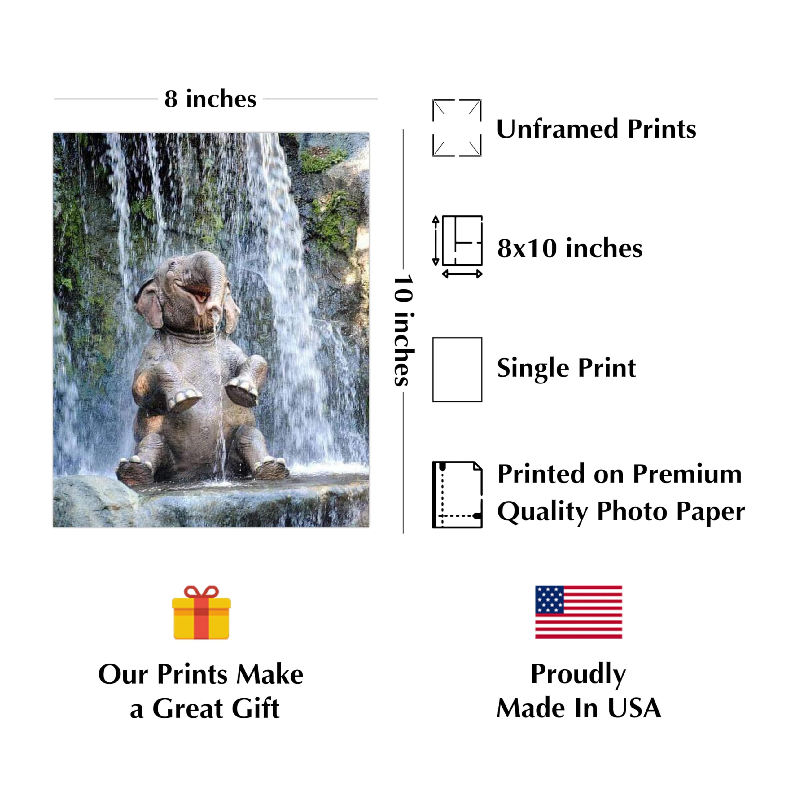 Young elephant under waterfall wall art print