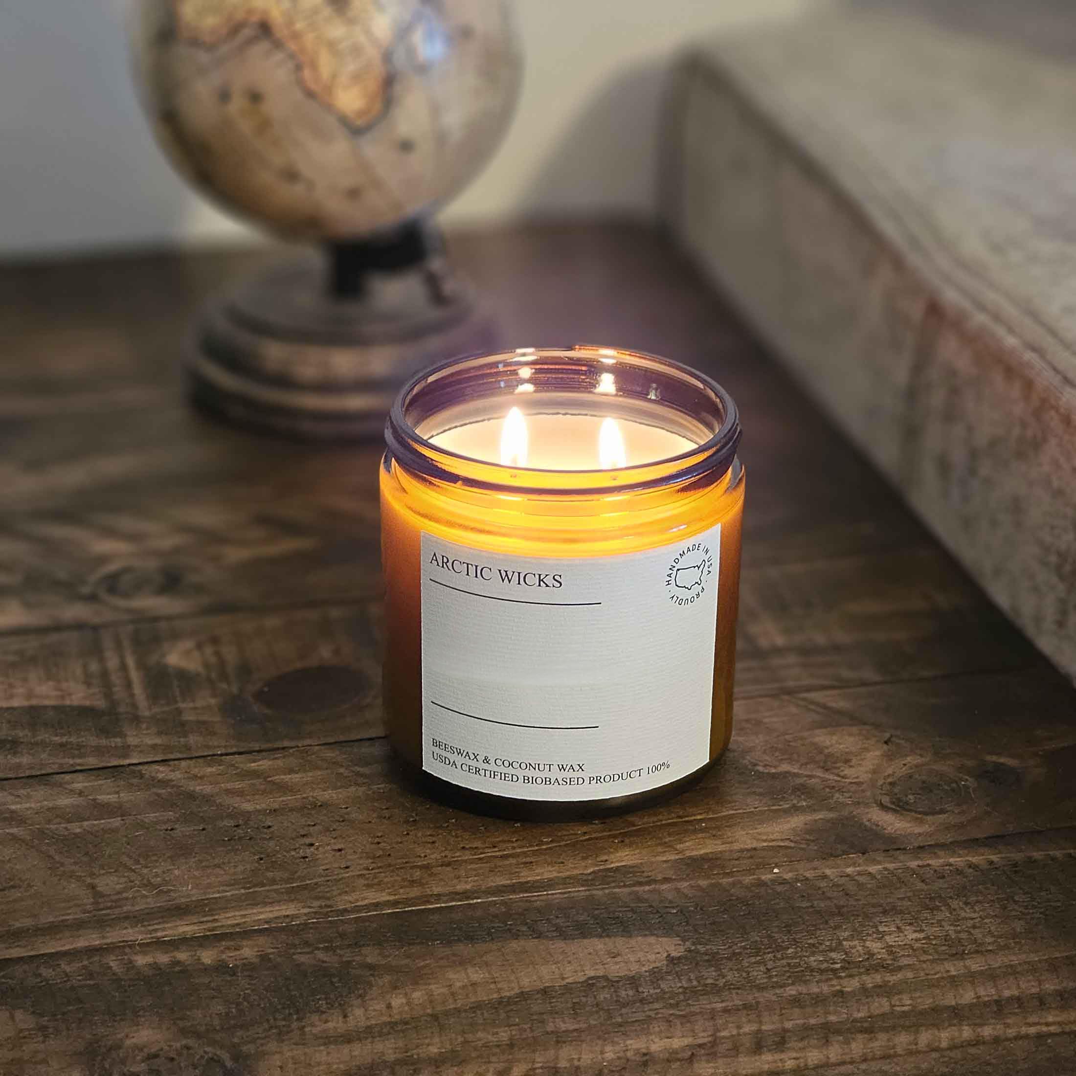 Lavender Driftwood Candle amber jar from Arctic Wicks label close up