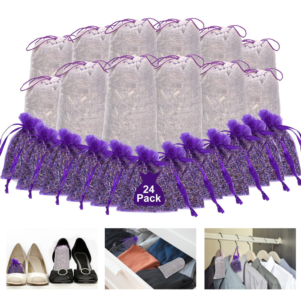 Lavender Sachets Bags 24 Pack for drawers and closets in cedar scent