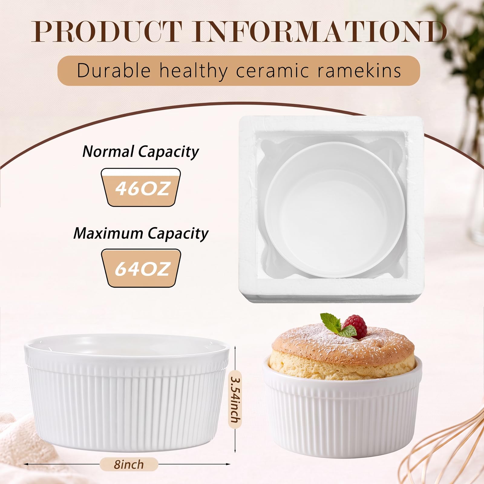 8 inch diameter Layhit souffle dish white porcelain