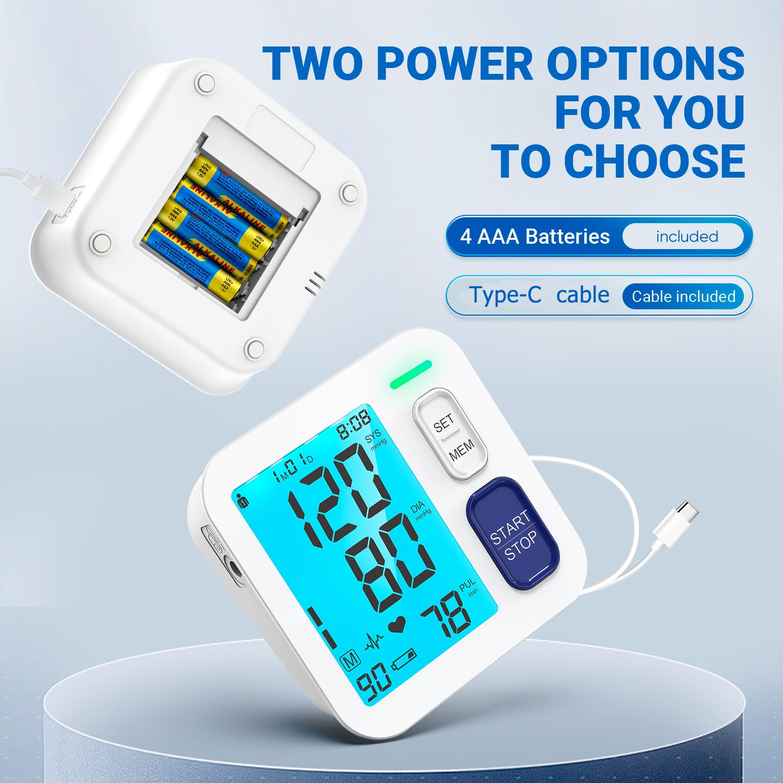 Blue backlit LCD display on blood pressure monitor