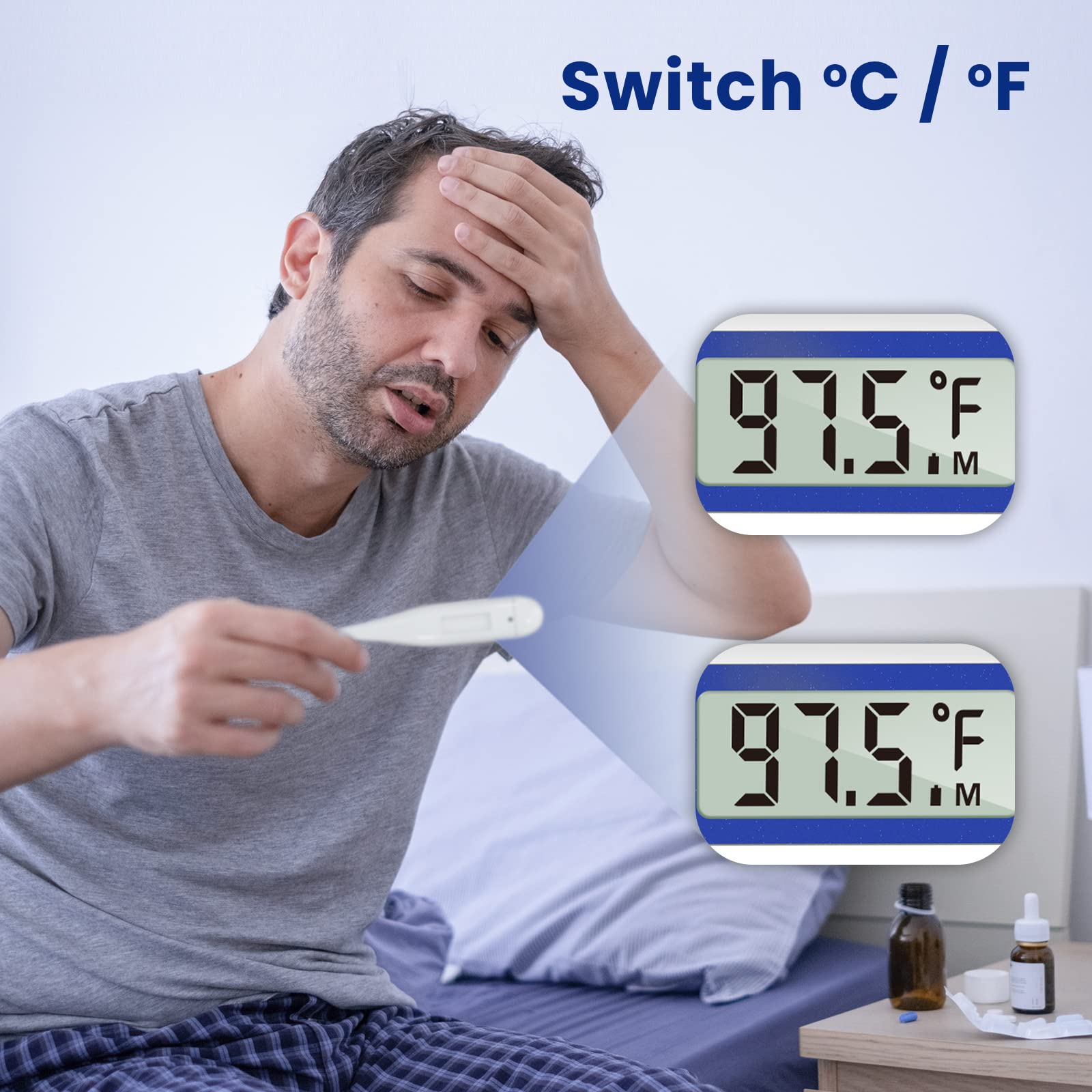 LCD display with memory recall and unit switch on thermometer