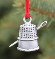 Lead free pewter sewing needle and thimble ornament by Hastings Pewter Company size about 1 1/8 x 1 5/8 inches