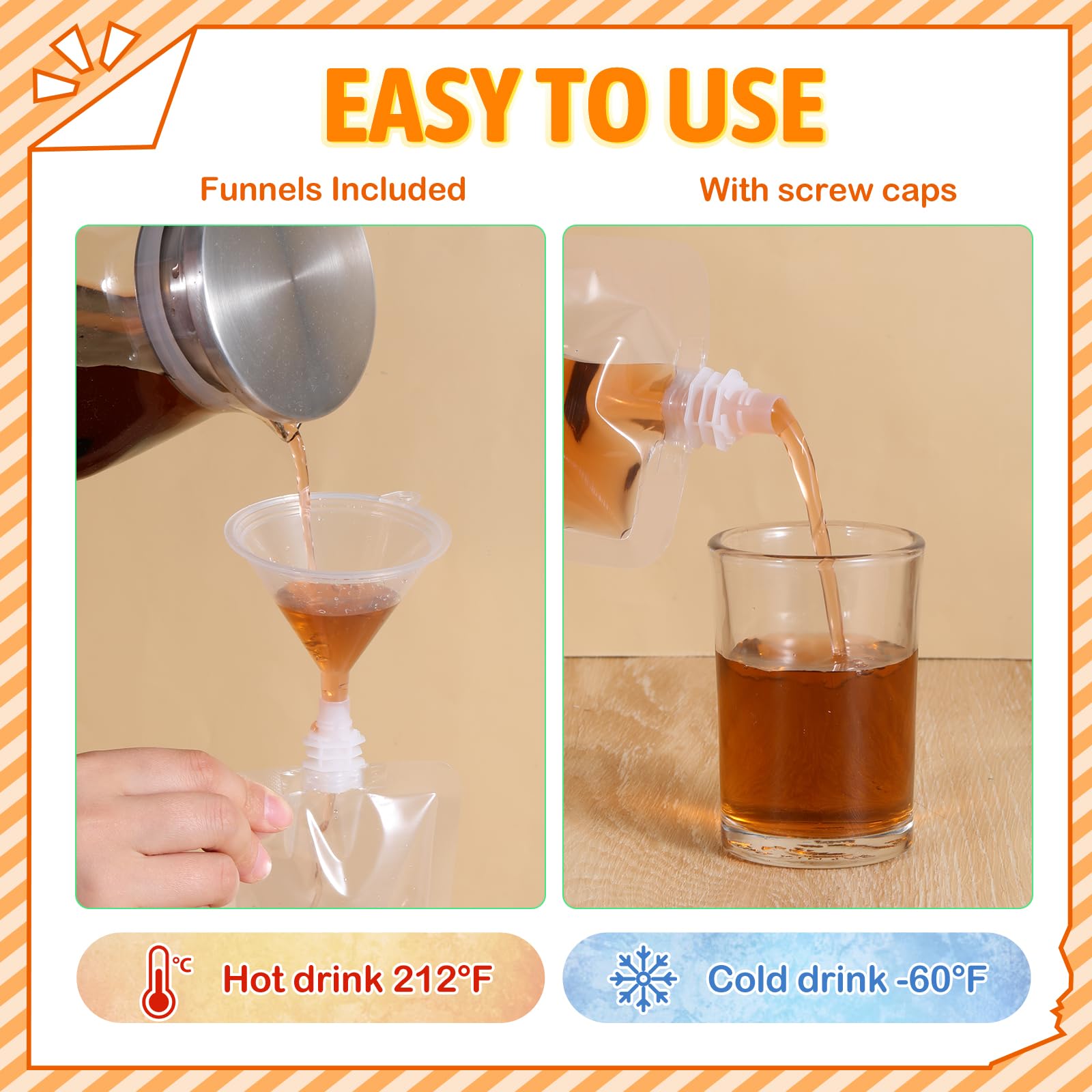 pack contents showing 100 ml juice bags and funnels