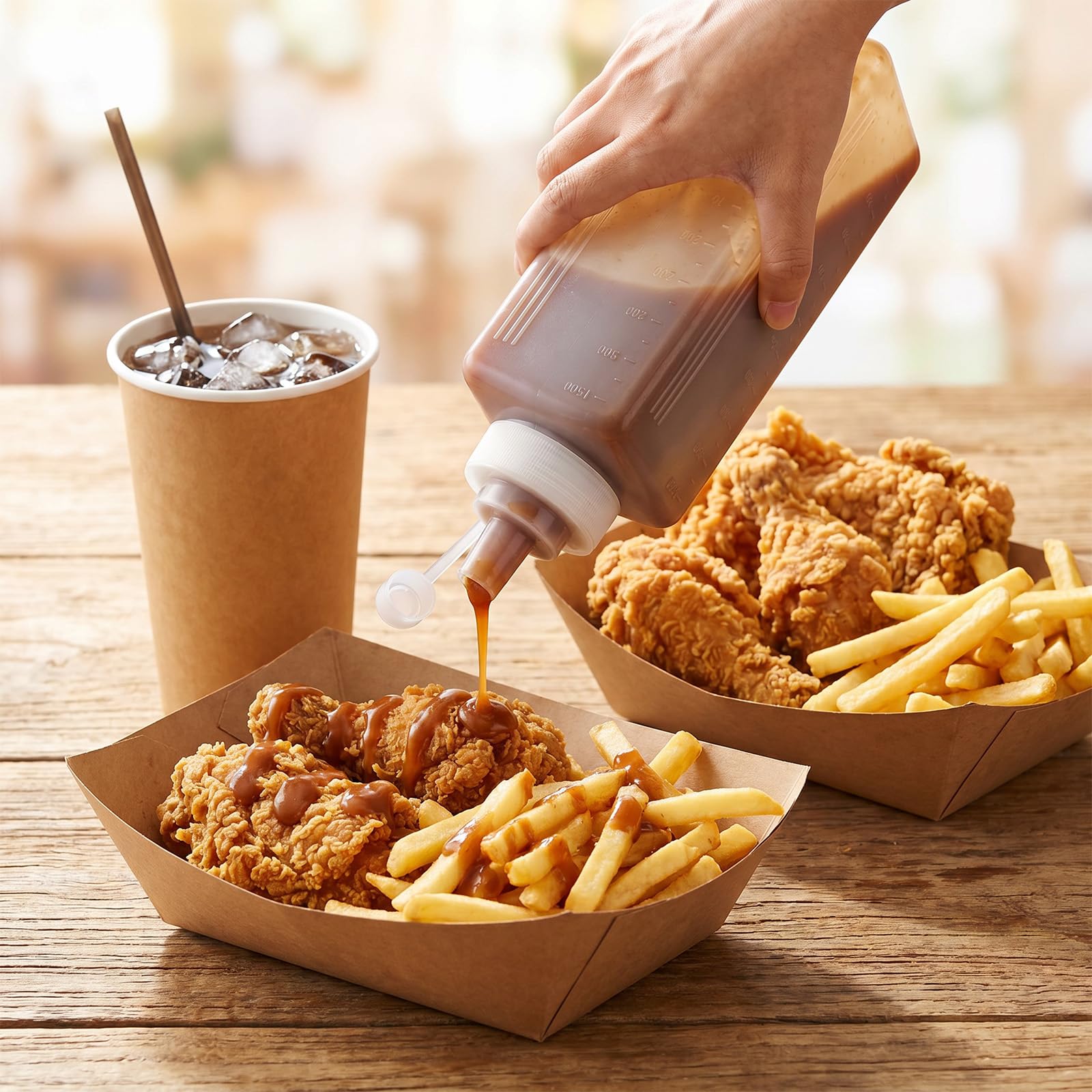 Leak-proof flip-top condiment bottle ready for kitchen use