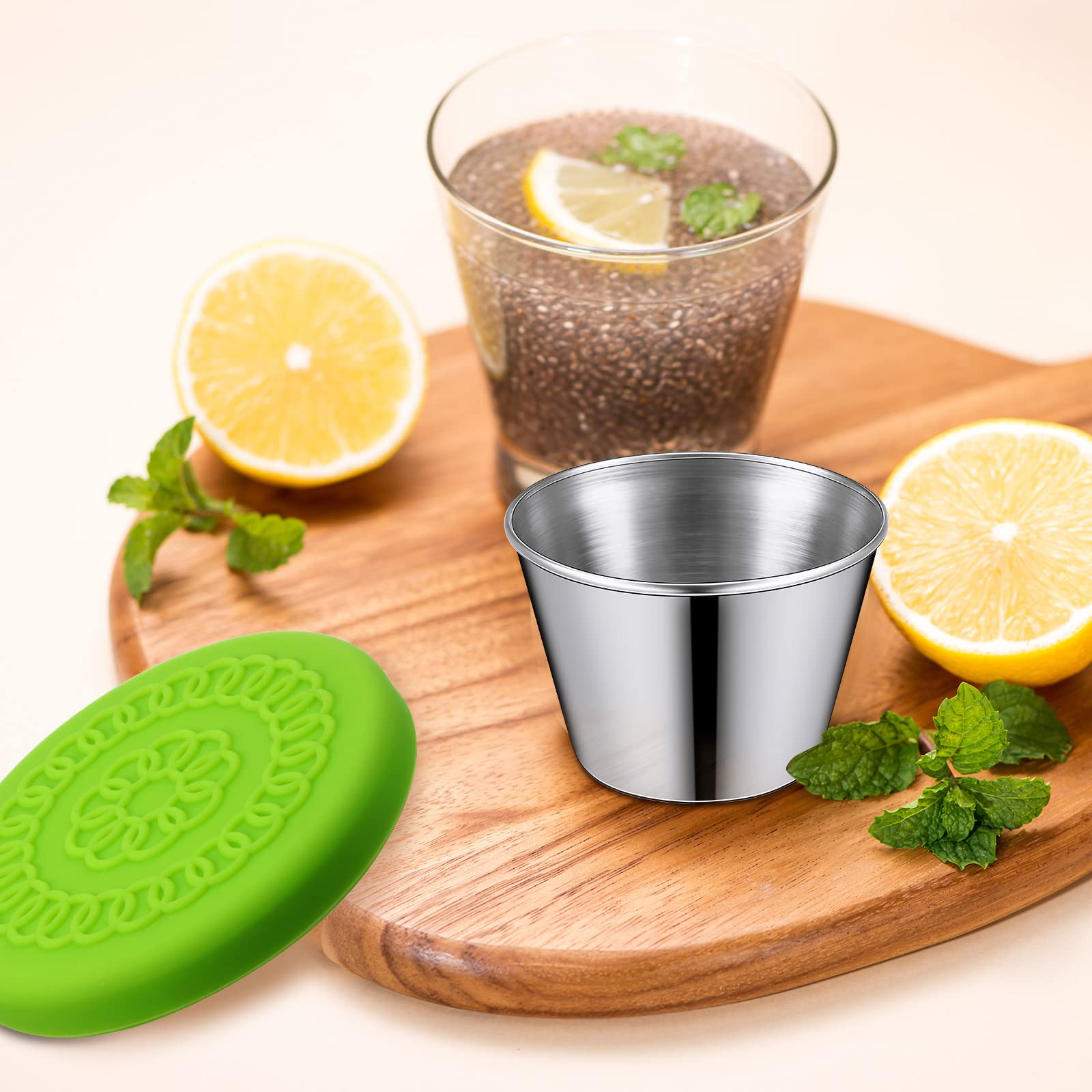 Lids in six bright colors orange mint green blue green purple pink