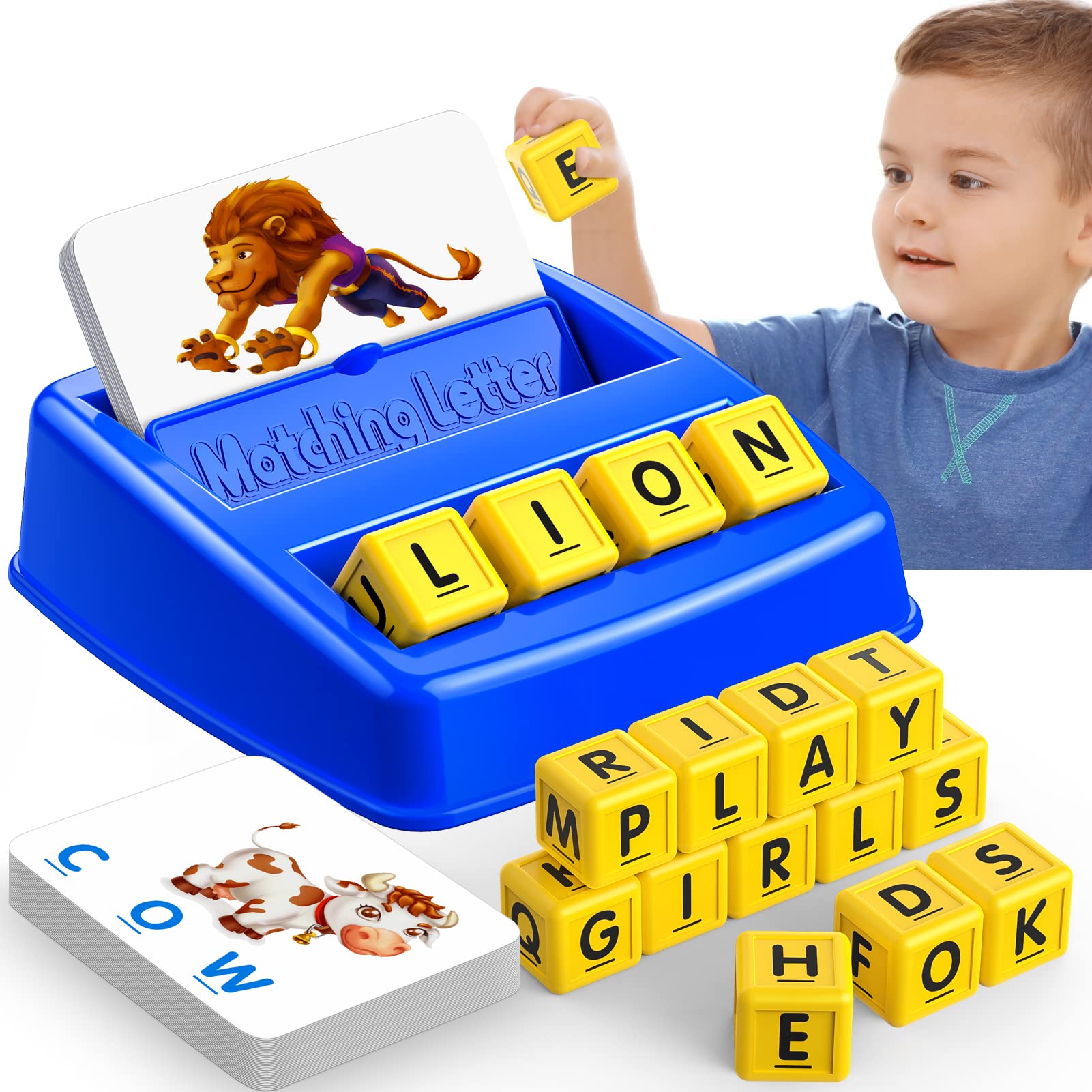 Blue Learning Games for Kids Ages 3-8 with tray and letter cubes