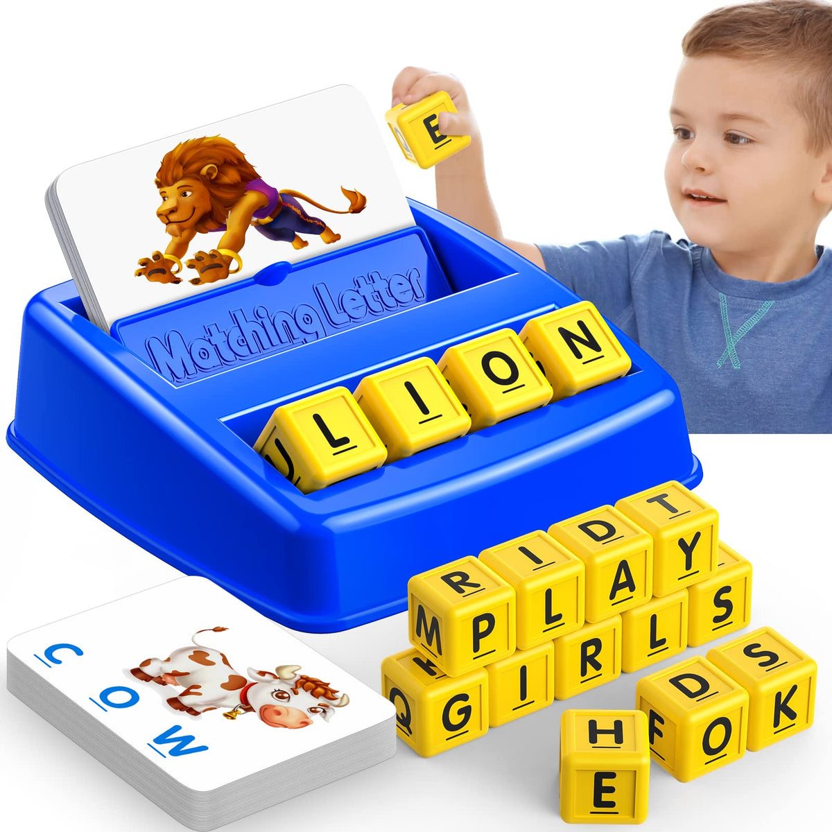 Blue Learning Games for Kids Ages 3-8 with tray and letter cubes