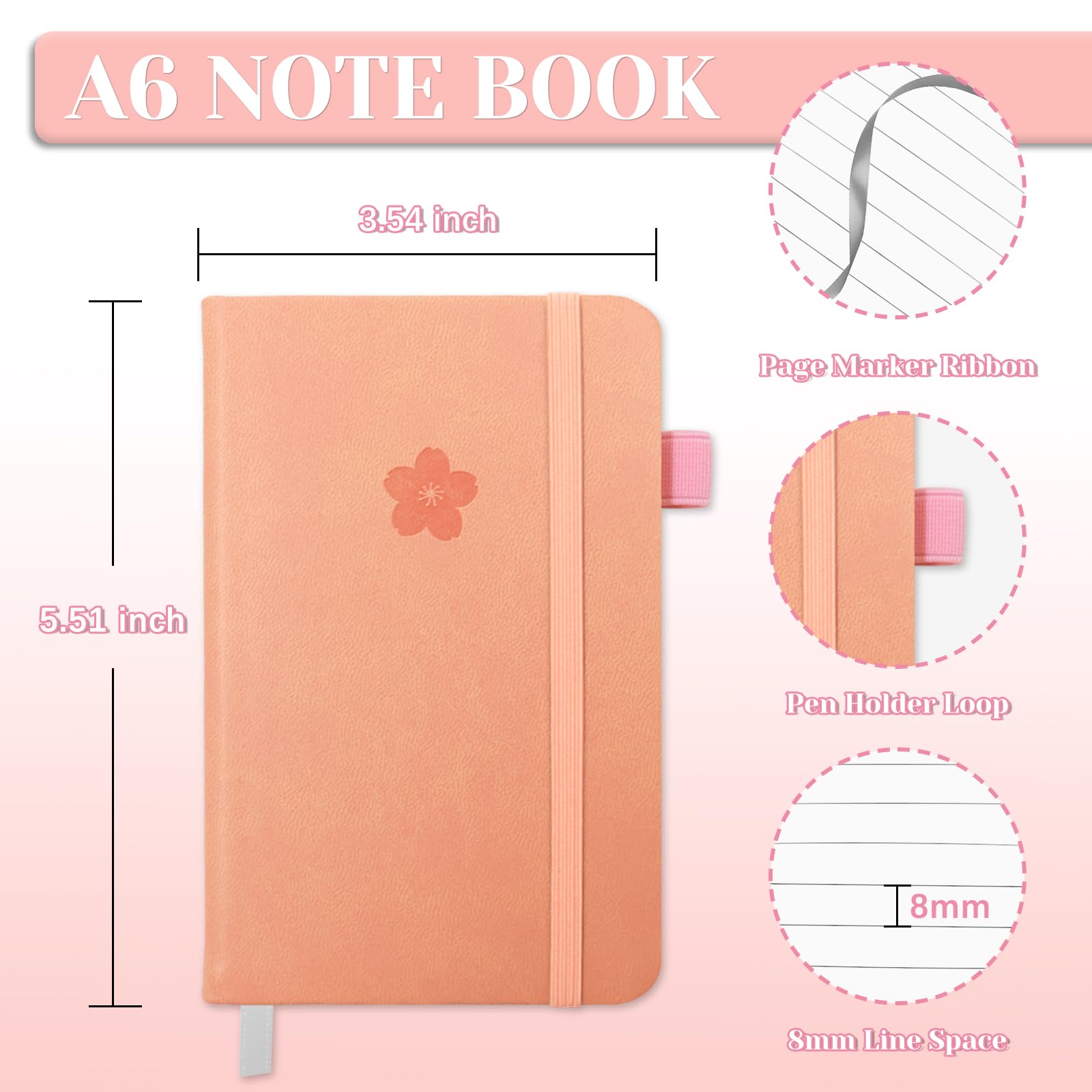 leather-covered pink A6 notebook with side pen loop