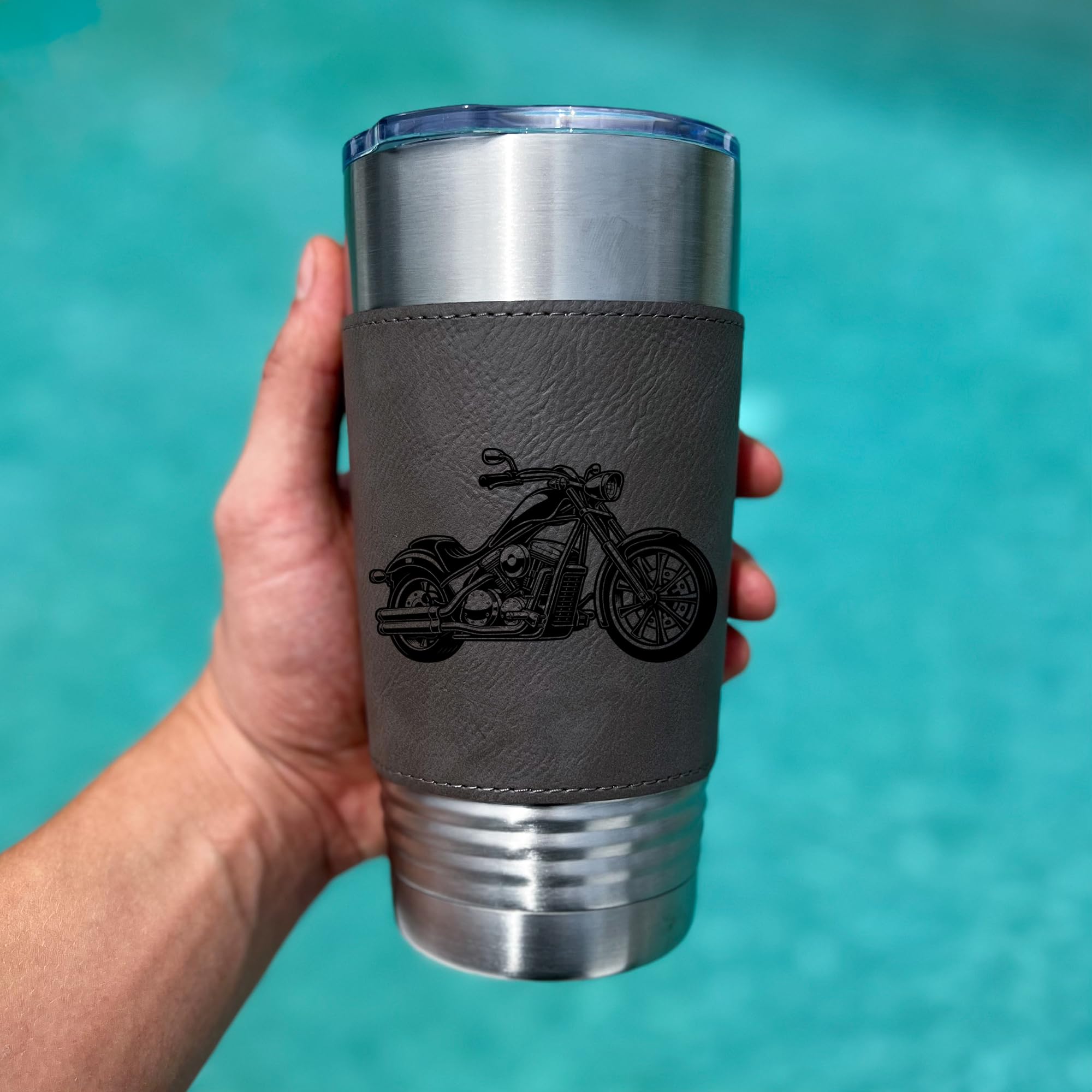 Leather cover with engraved motorcycle design tumbler 20oz image