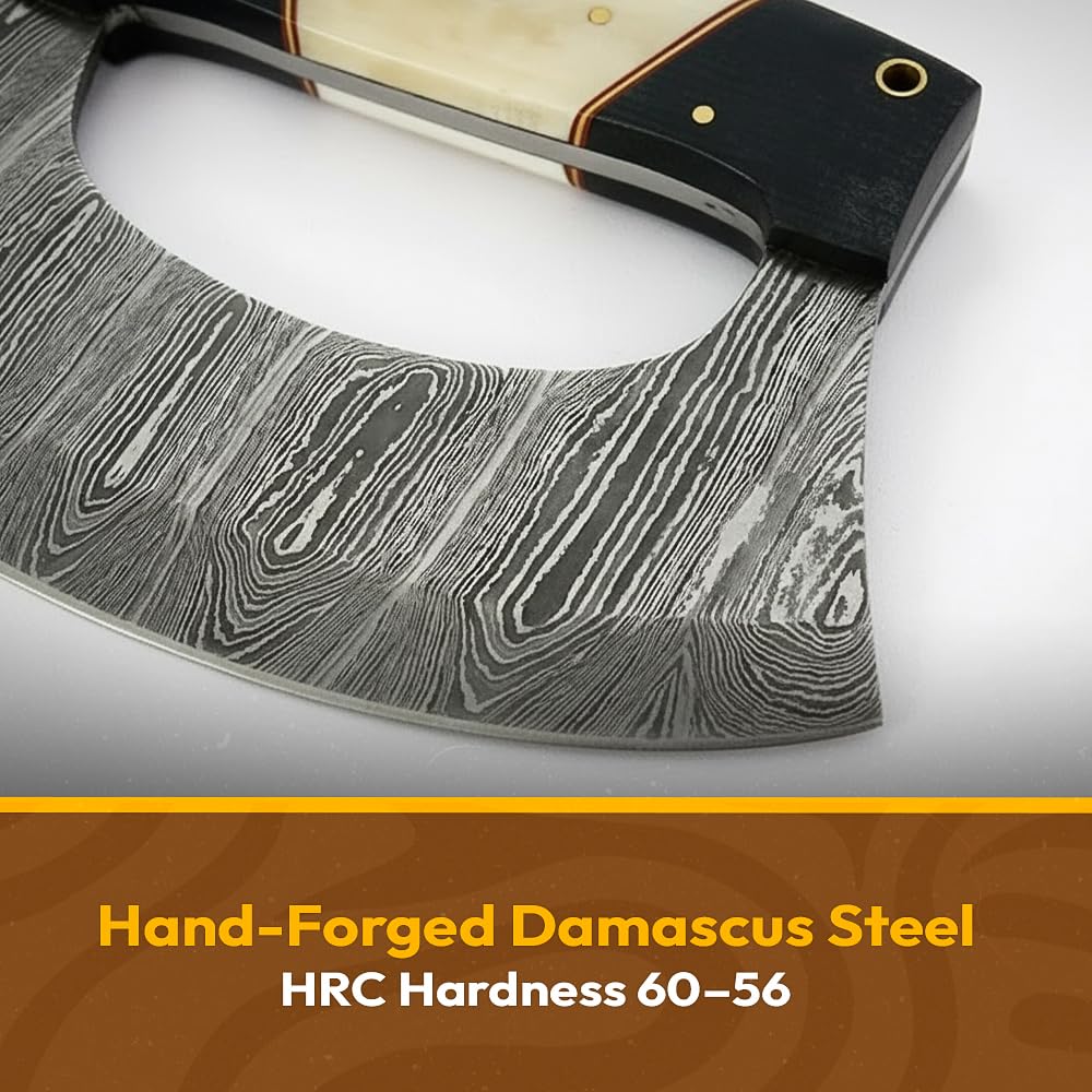 Damascus steel ulu knife suitable for pizza cutter tasks