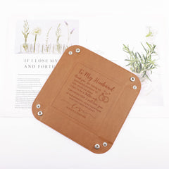 Laser engraved interior text on faux leather valet tray