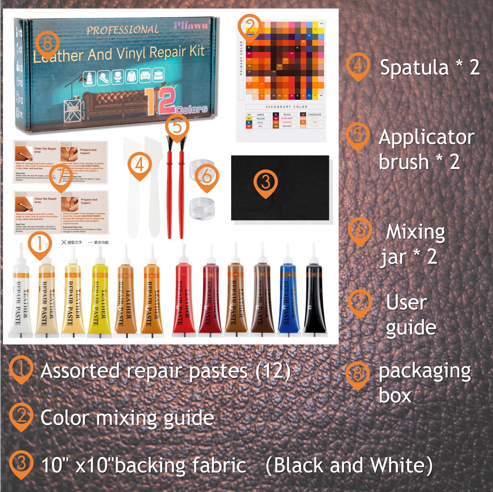 Leather and vinyl repair kit compatible with all leather types