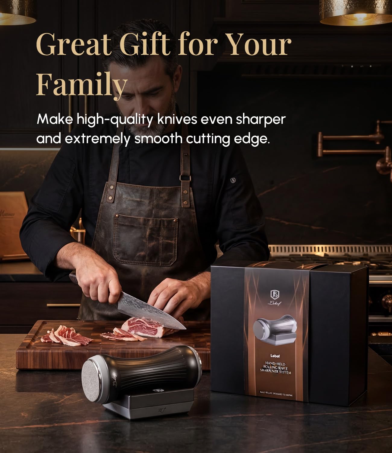 Compact Lebof rolling knife sharpener for kitchen storage