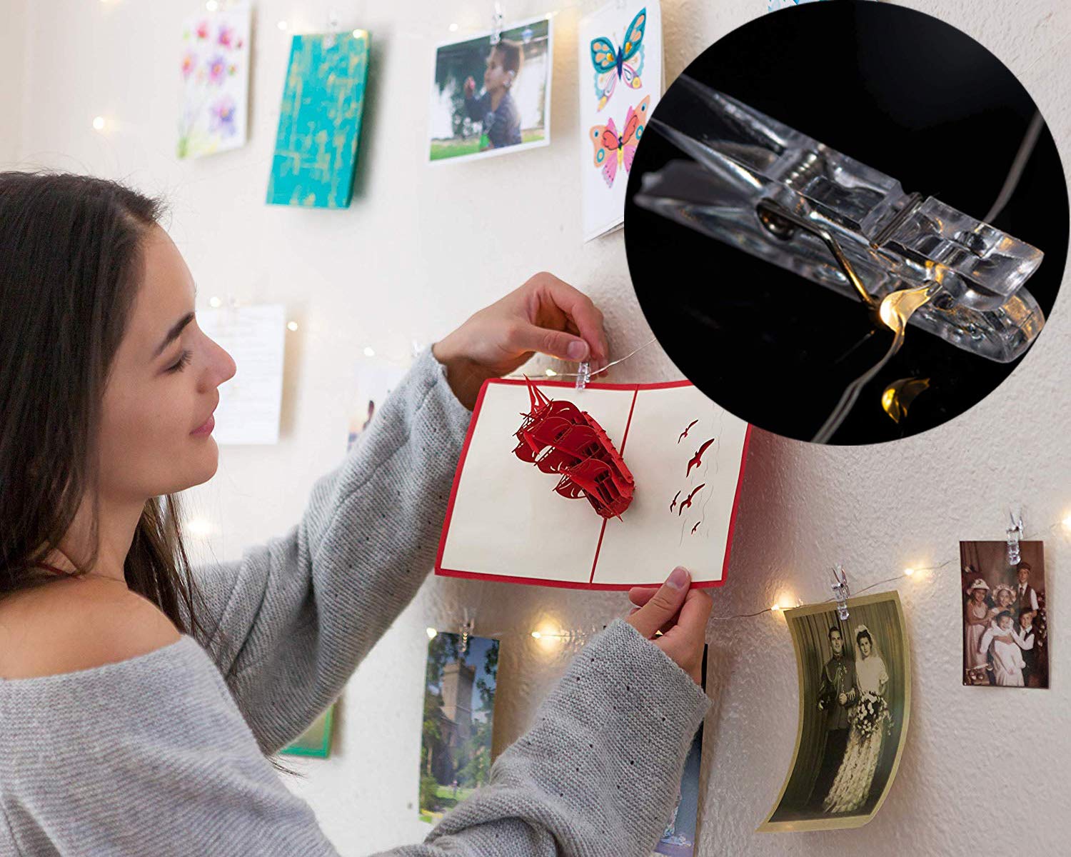 Indoor outdoor use fairy lights for photo display and decor