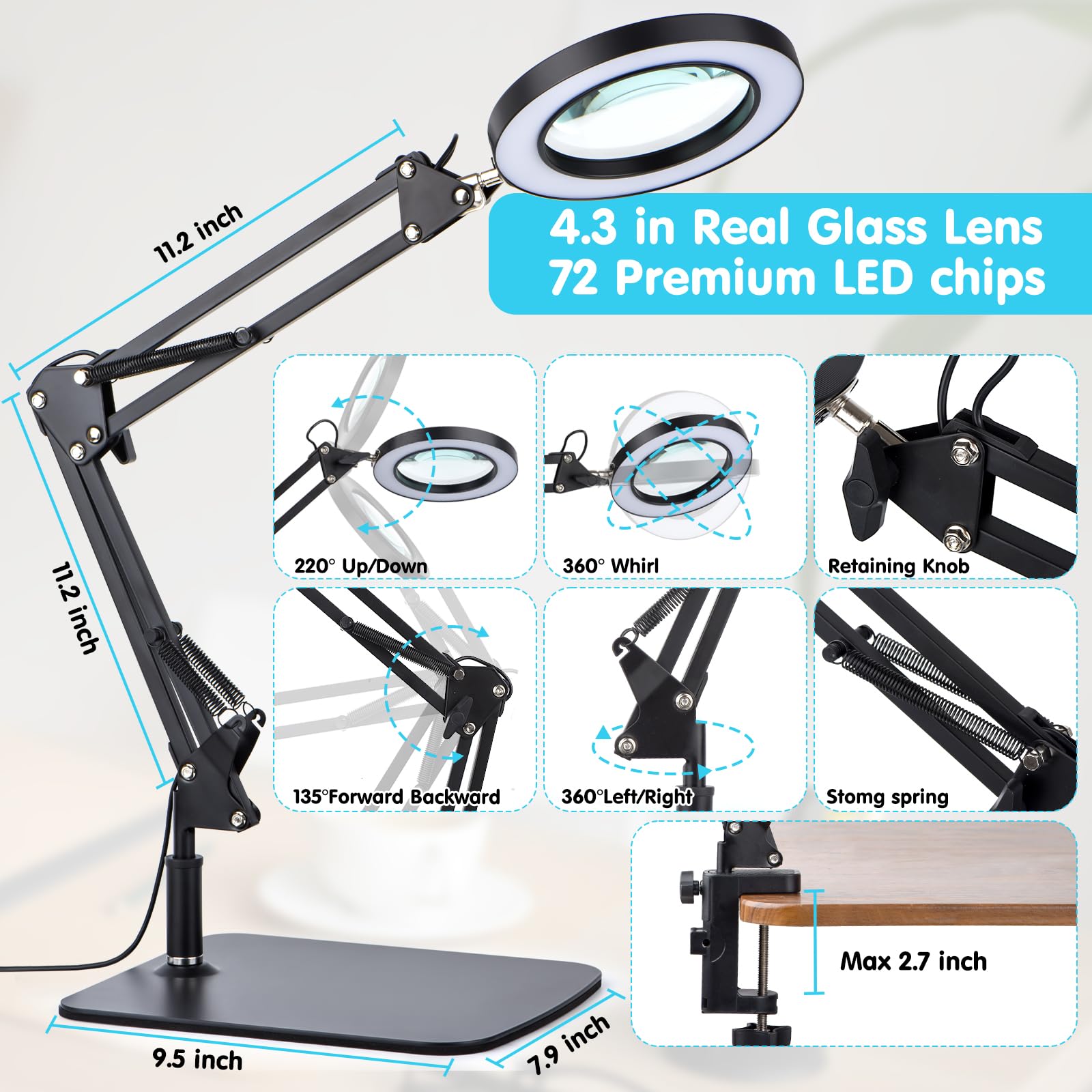 Two adjustable arms with 360 degree rotatable head for flexible lighting
