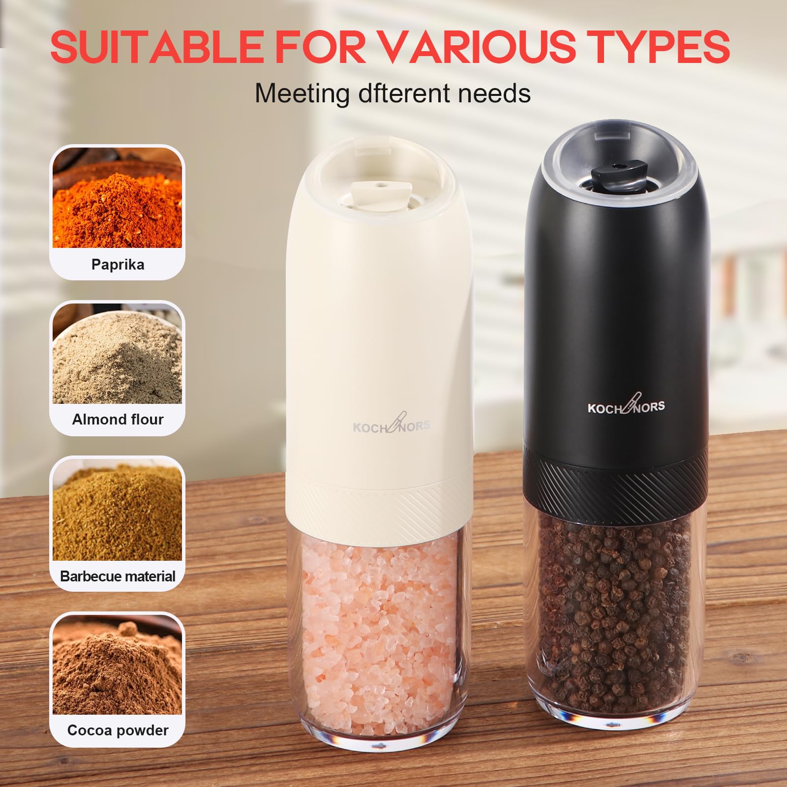 Built in LED light on Kochnors pepper grinder in use