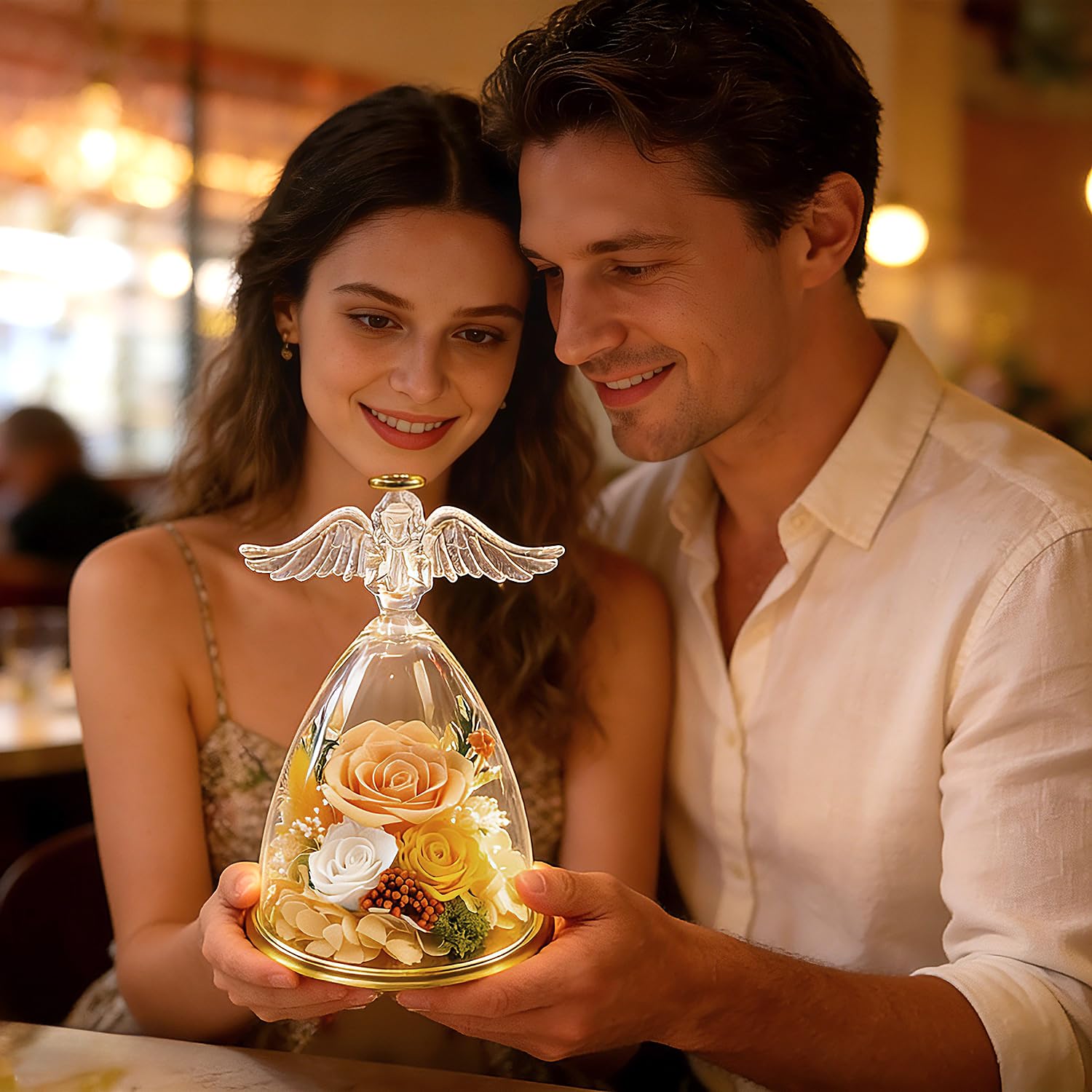 Gift box with greeting card accompanies the glass angel flower gift