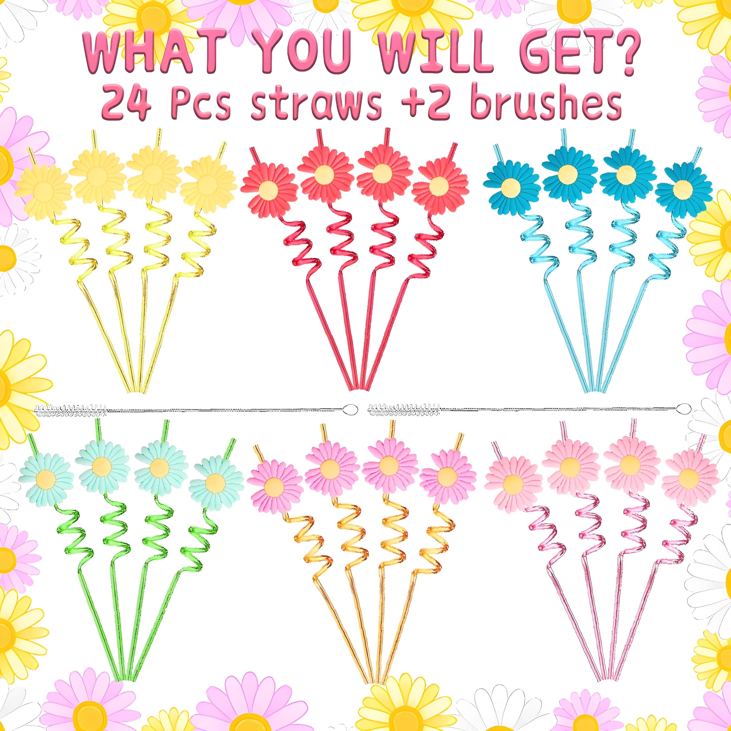 Food-grade BPA-free plastic daisy straws with cleaning brushes