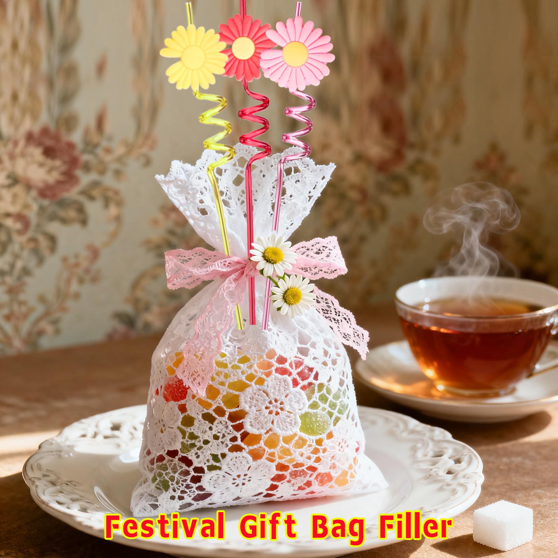 Daisy party decorations and favors set with straws